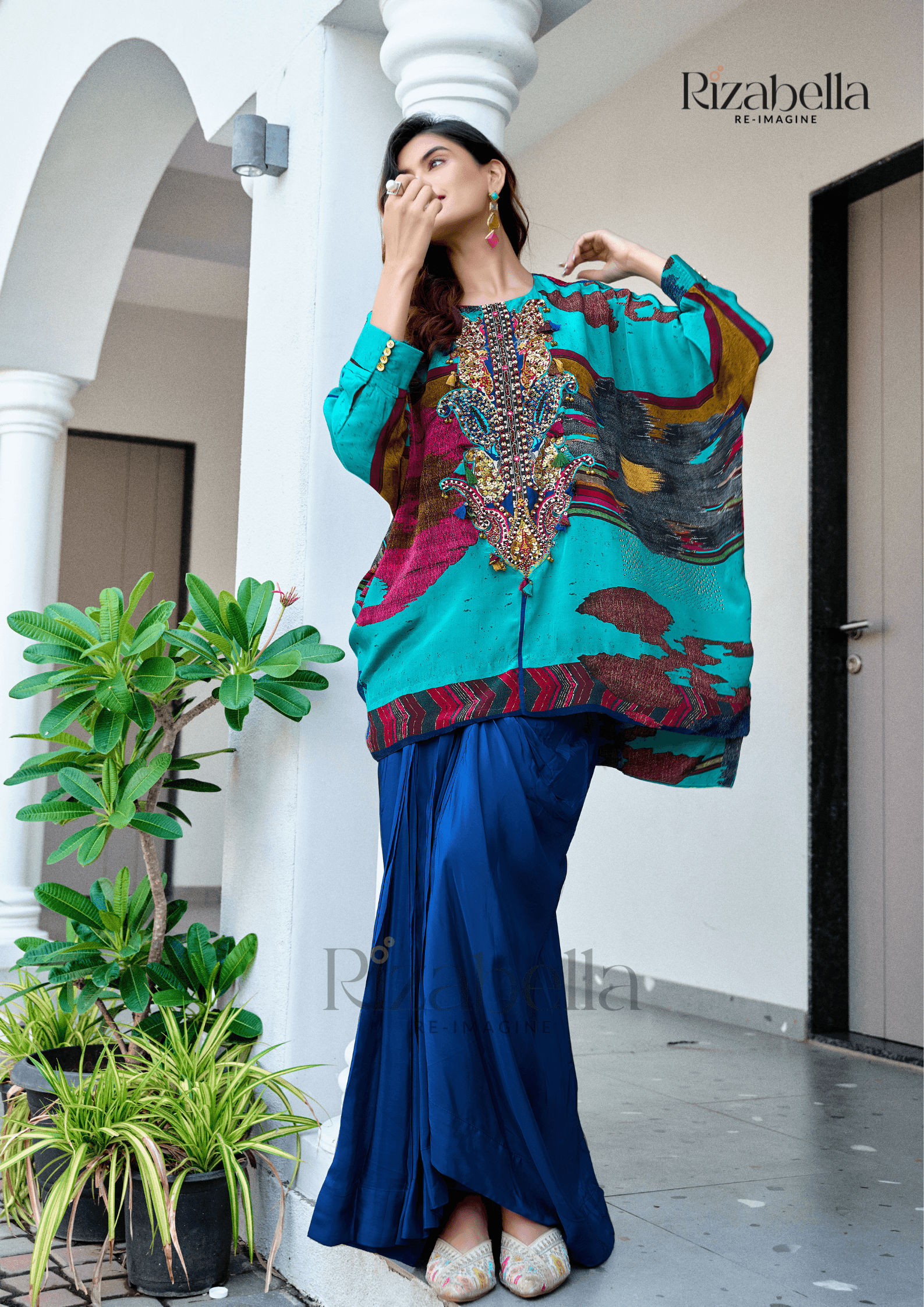 Embroidered Tunic with Draped Pants - Blue - Image 4