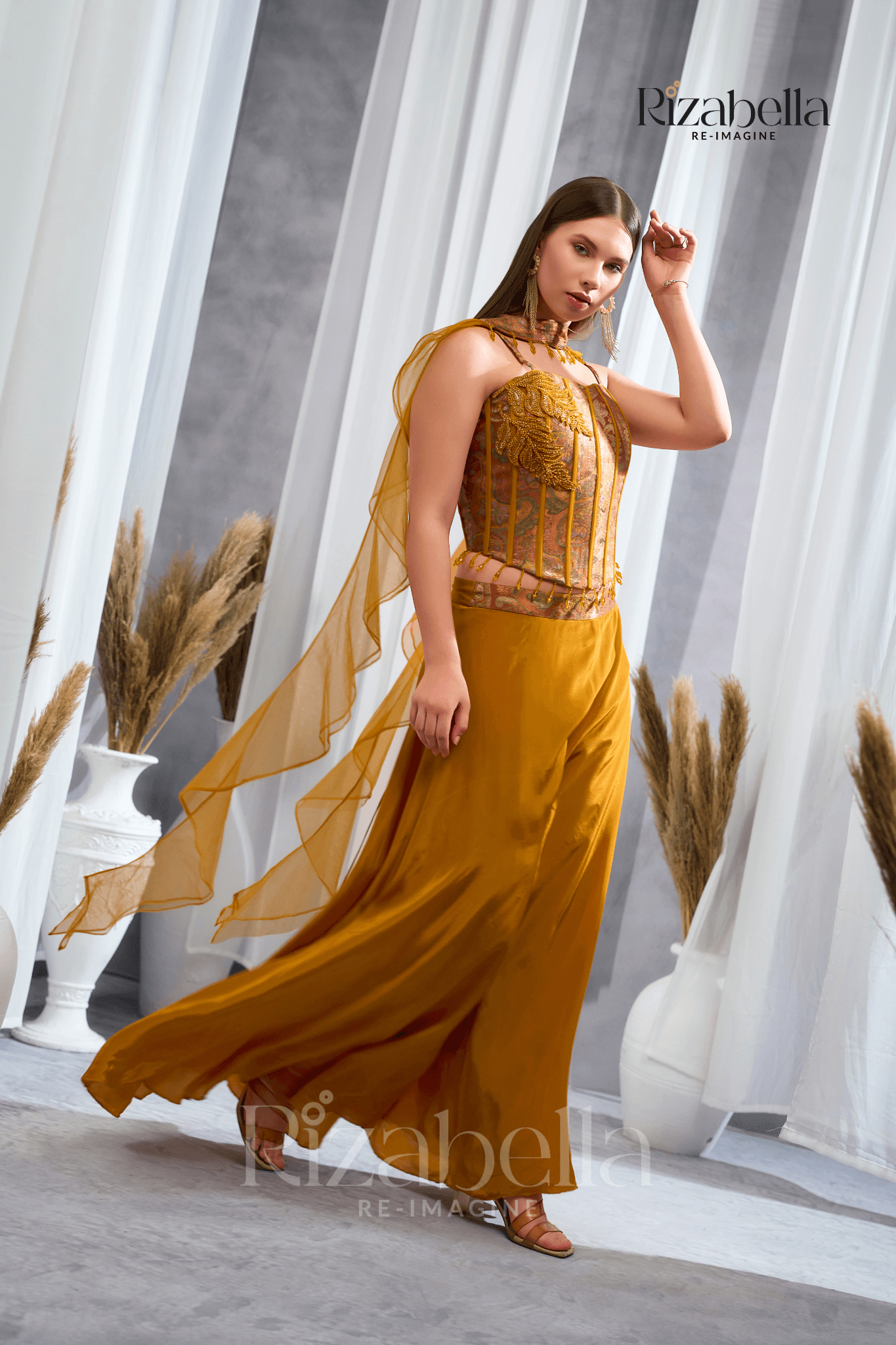 Nova Mustard Embroidered Ethnic crop top set - Image 5