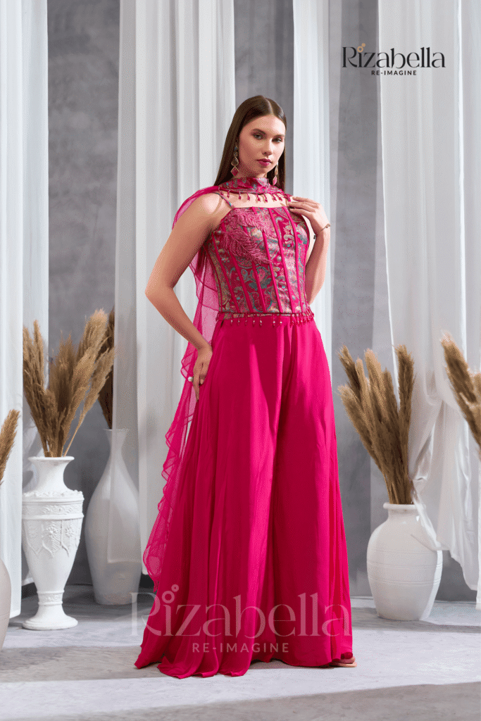 Nova Pink Embroidered Ethnic crop top set