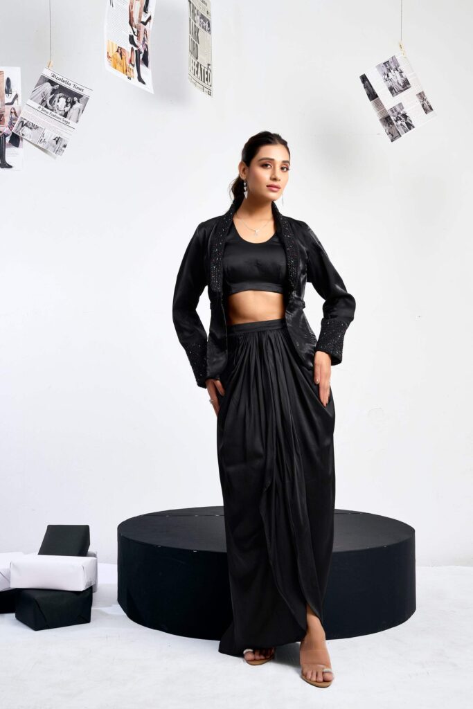 Cut-out Blazer Set with draped skirt - Black