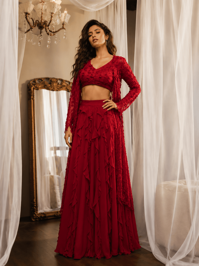 Red Rose Embroidered Lehenga Set Red