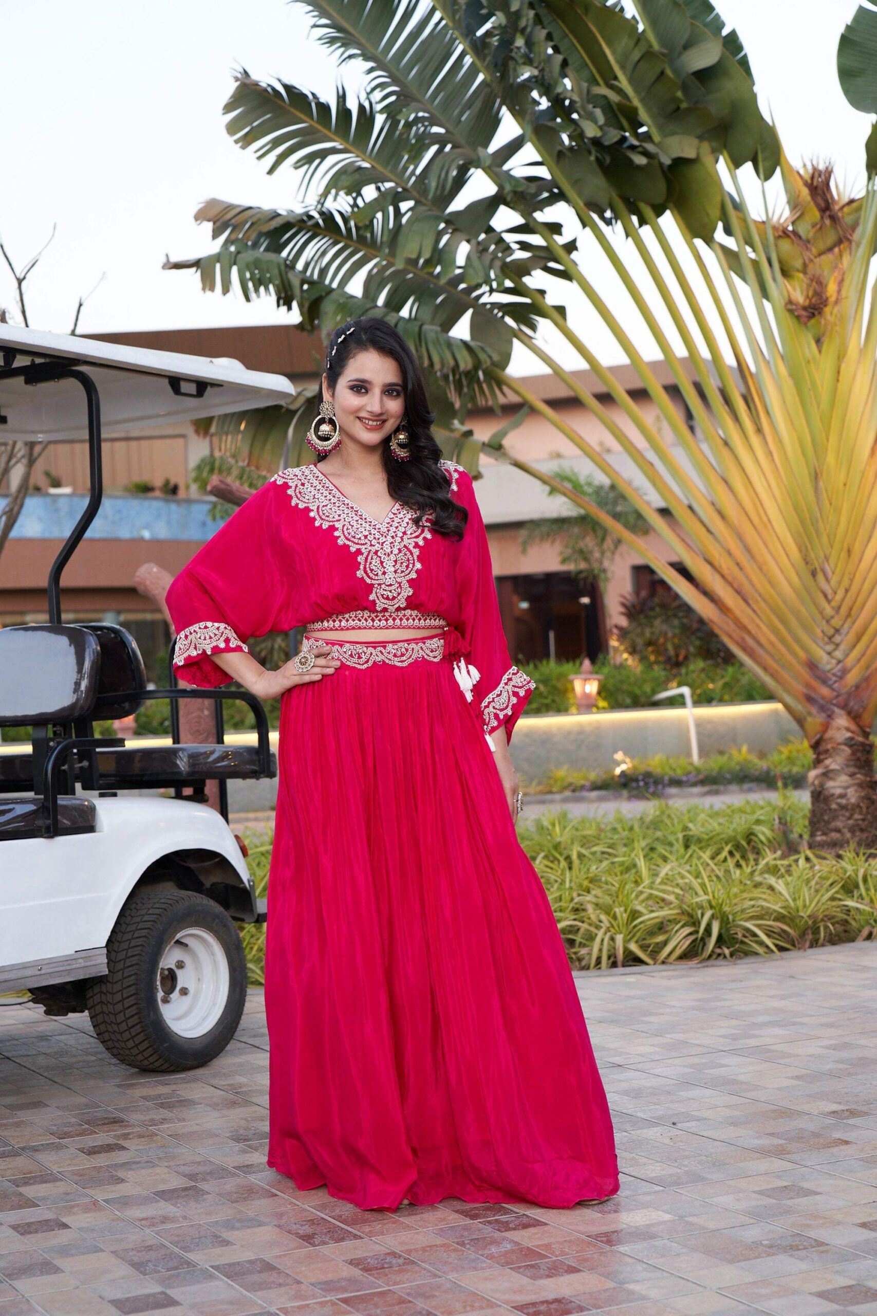 Draped Floral Embroidered Ensemble - Red