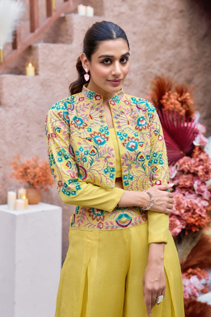 Embroidered jacket- palazzo three-piece