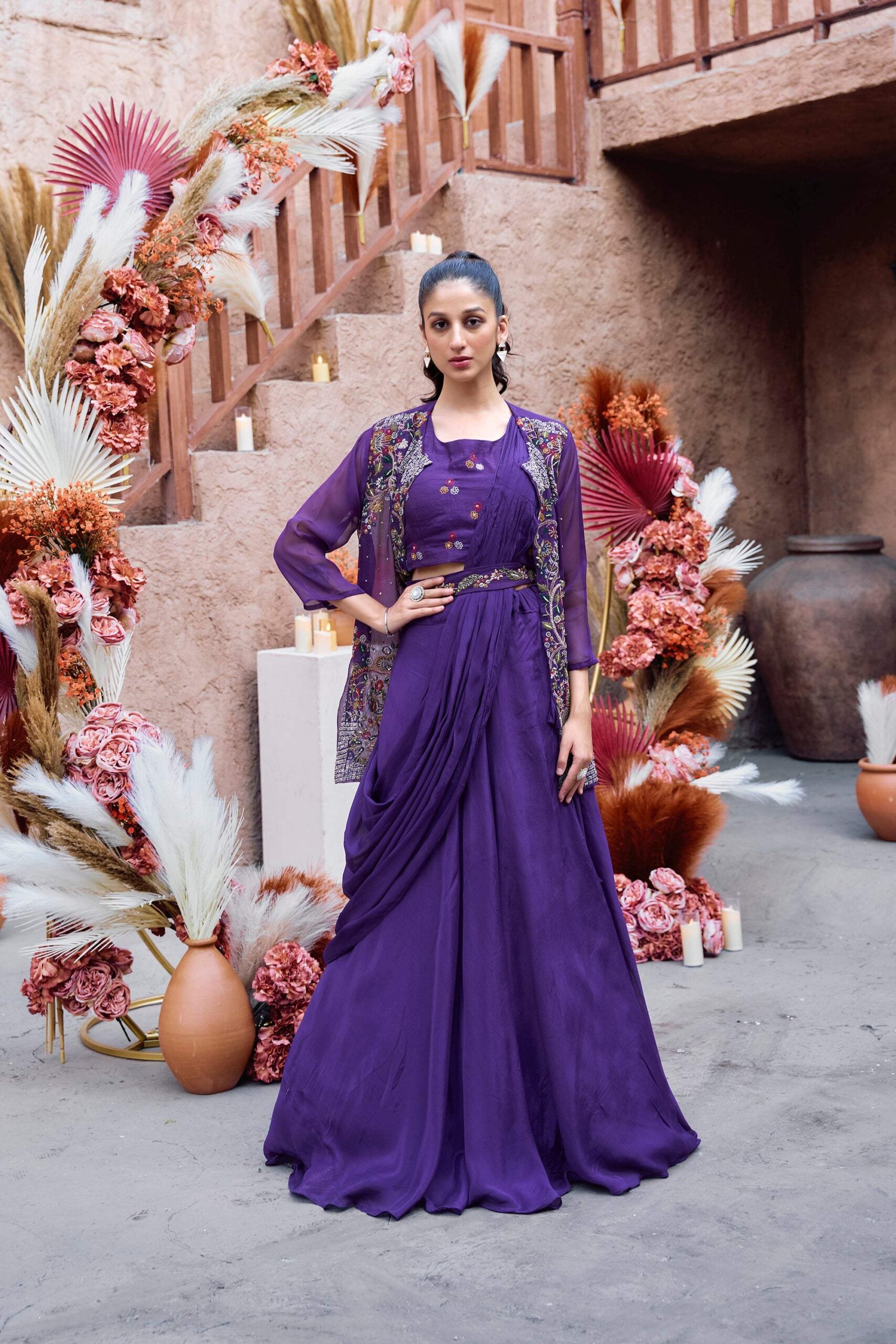 Gold Embroidered Jacket Set - Purple - Image 6