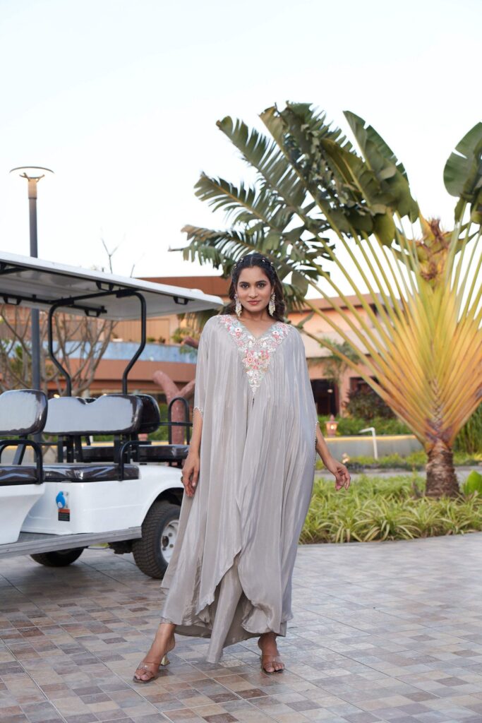 Embroidered Silver Kaftan - Silver-grey