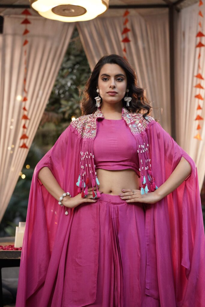 Embroidered Tassel Kaftan Set - Fuchsia Pink