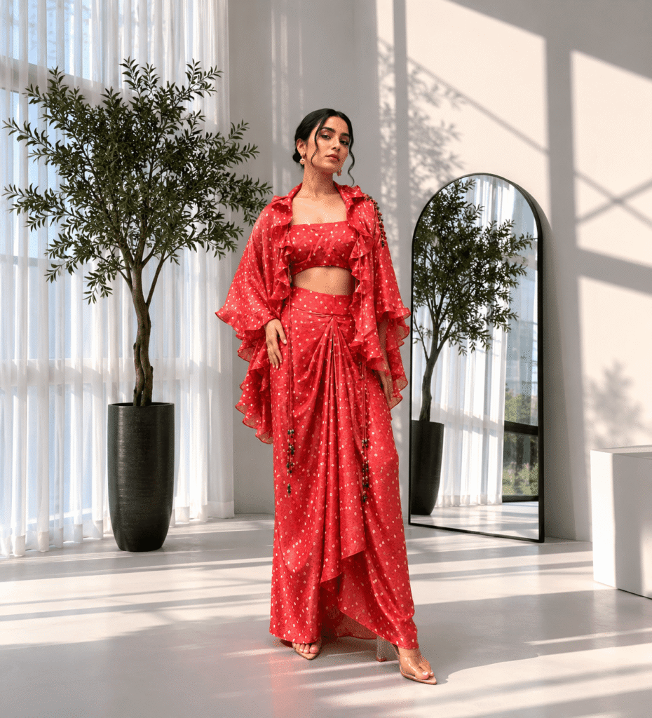 Foil Print Draped Co-ord Set with Ruffle Shrug Red