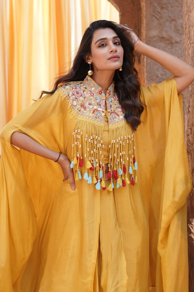 Embroidered Tassel Kaftan Set - Yellow