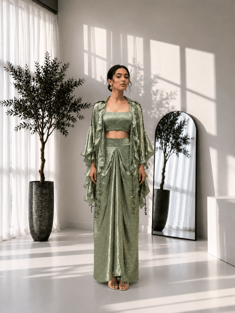 Foil Print Draped Co-ord Set with Ruffle Shrug Green