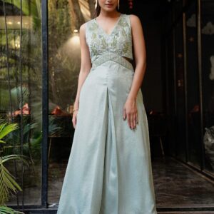 Embroidered Cutout Waist Jumpsuit - Pale Blue