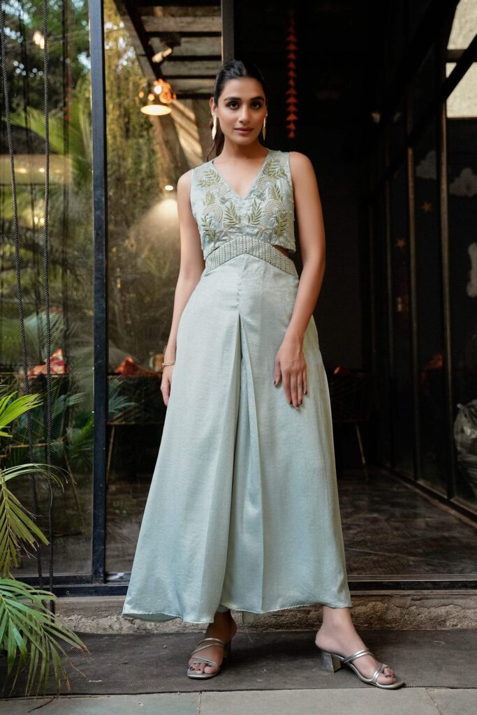 Embroidered Cutout Waist Jumpsuit - Pale Blue