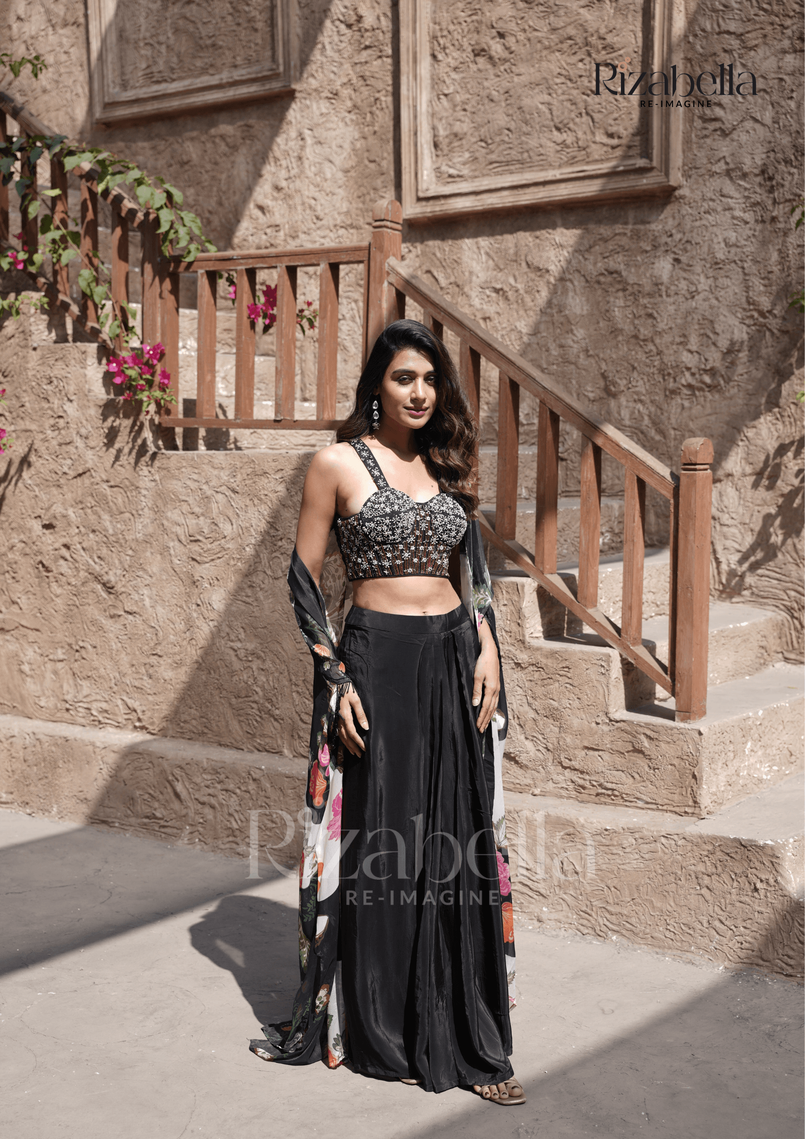 Floral Chiffon Beaded Contemporary Set - Black - Image 2