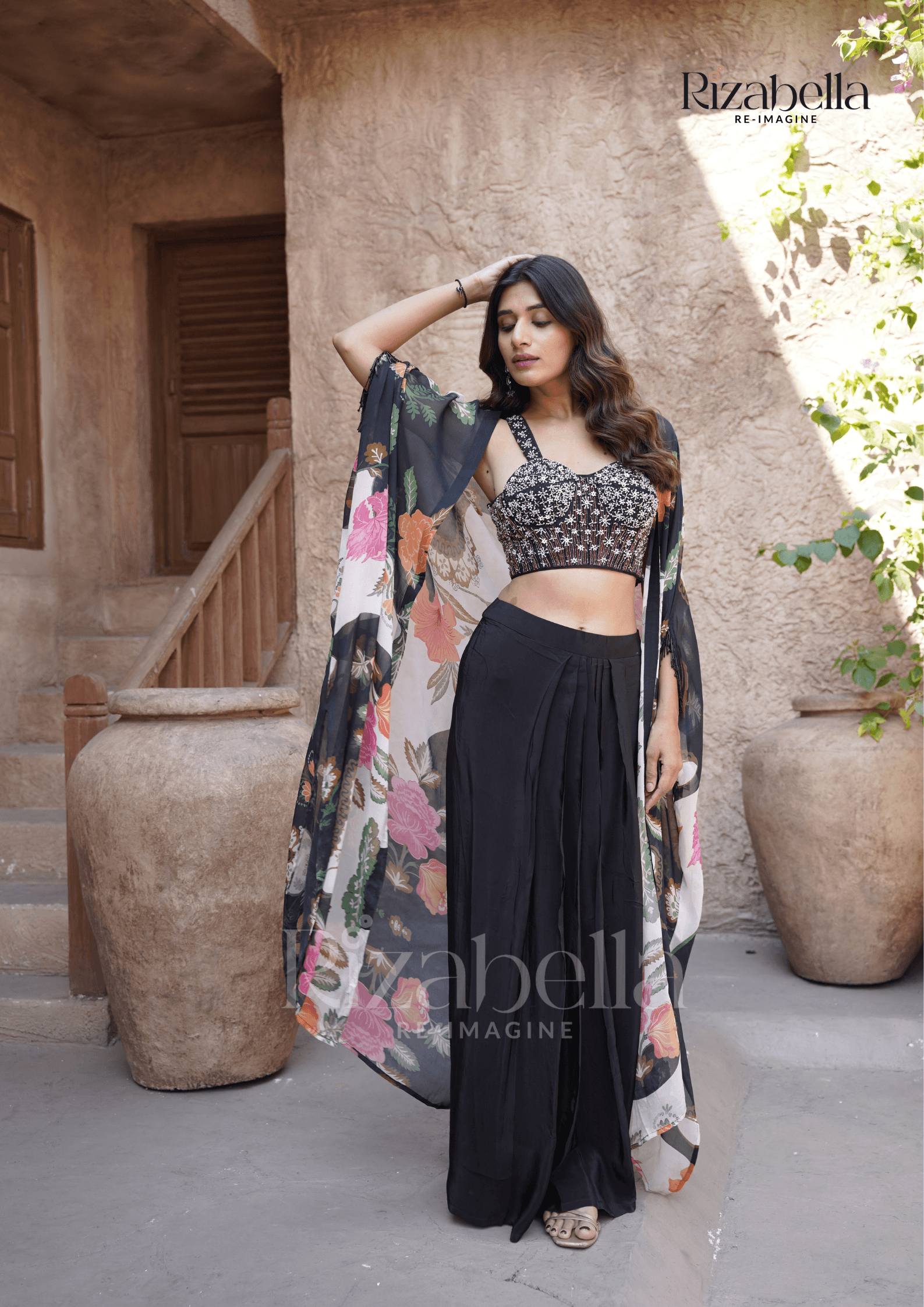 Floral Chiffon Beaded Contemporary Set - Black - Image 3