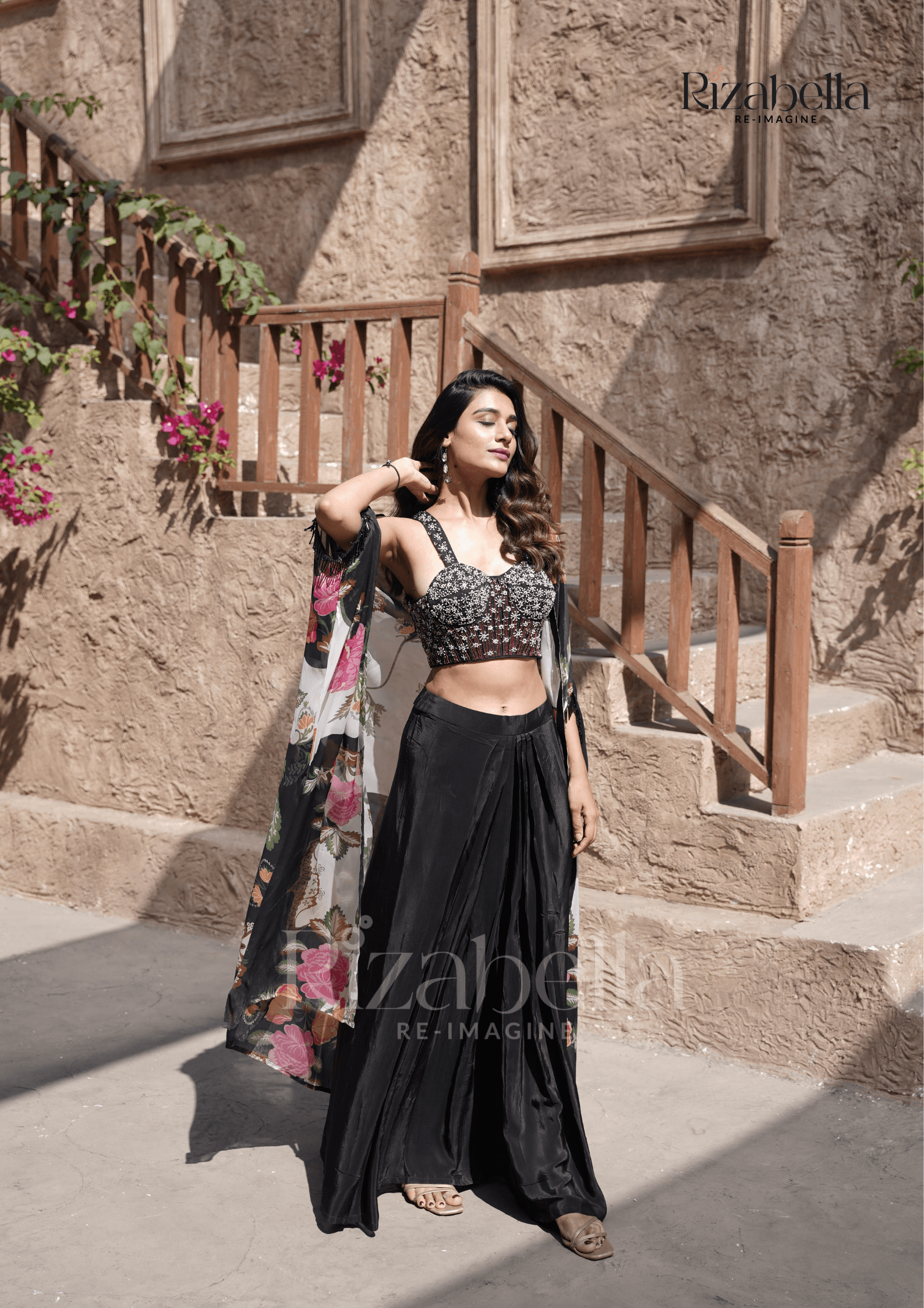 Floral Chiffon Beaded Contemporary Set - Black - Image 4