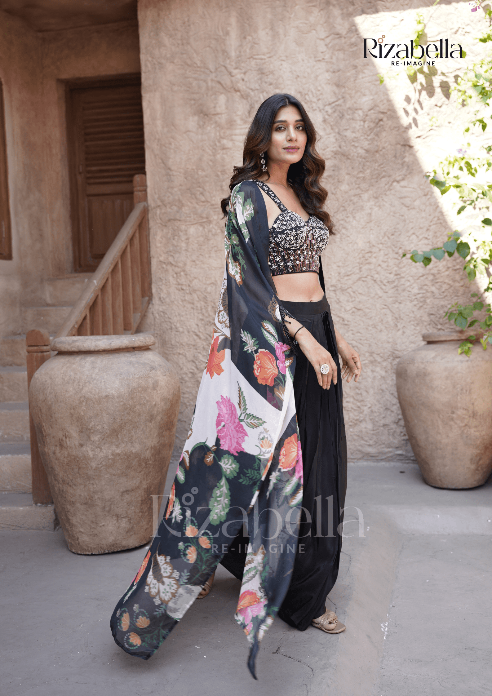 Floral Chiffon Beaded Contemporary Set - Black - Image 5