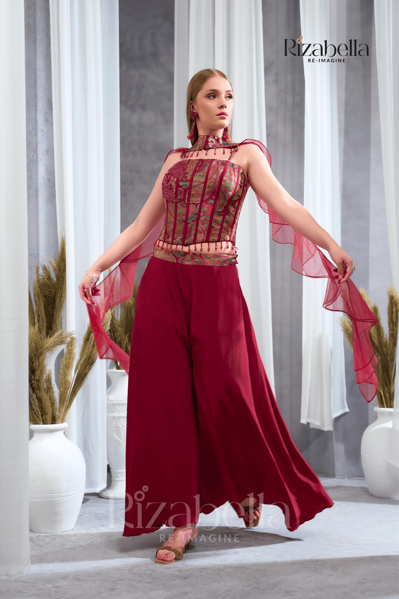 Nova red Embroidered Ethnic crop top set - Image 5