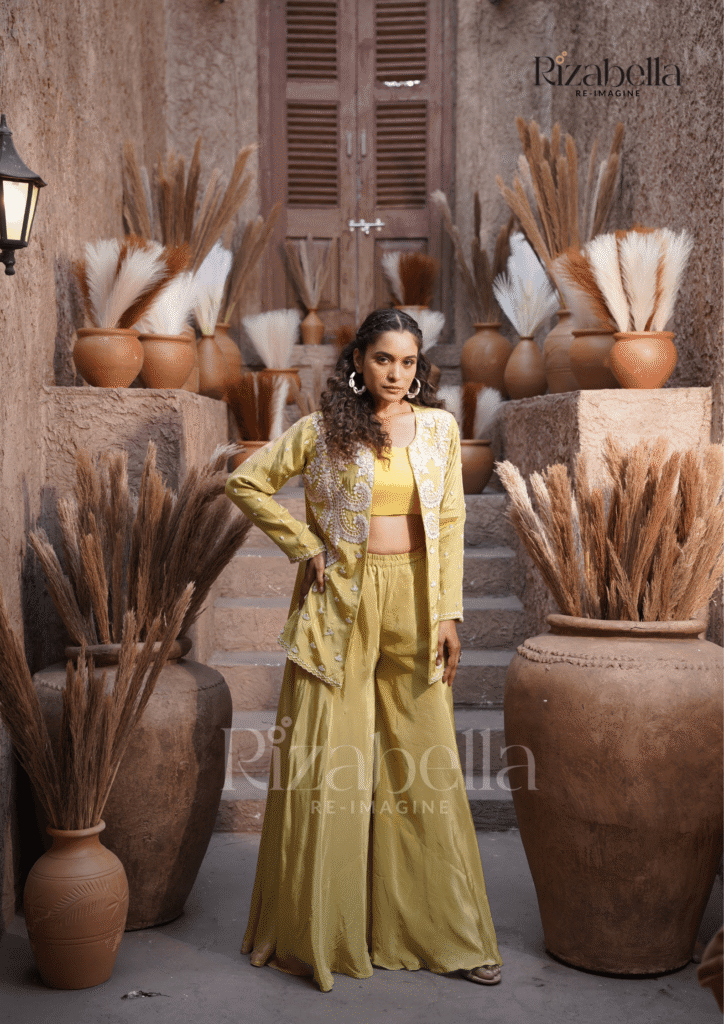 Embroidered jacket, plazzo three-piece set - Yellow