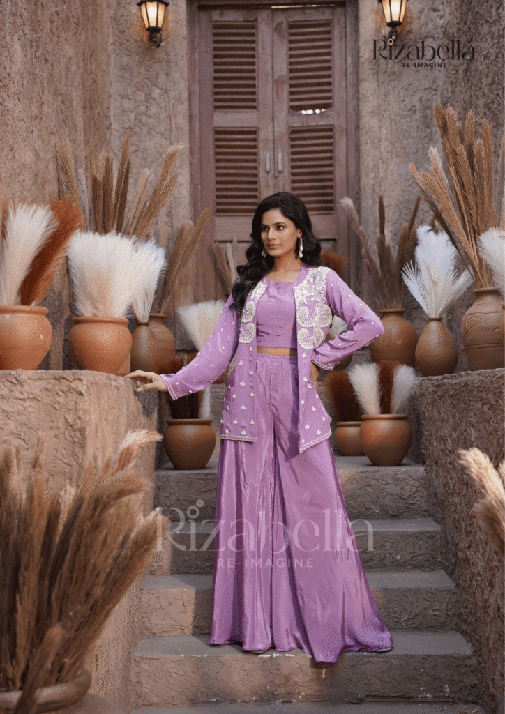 Embroidered Jacket, Palazzo Three-Piece Set - Lilac