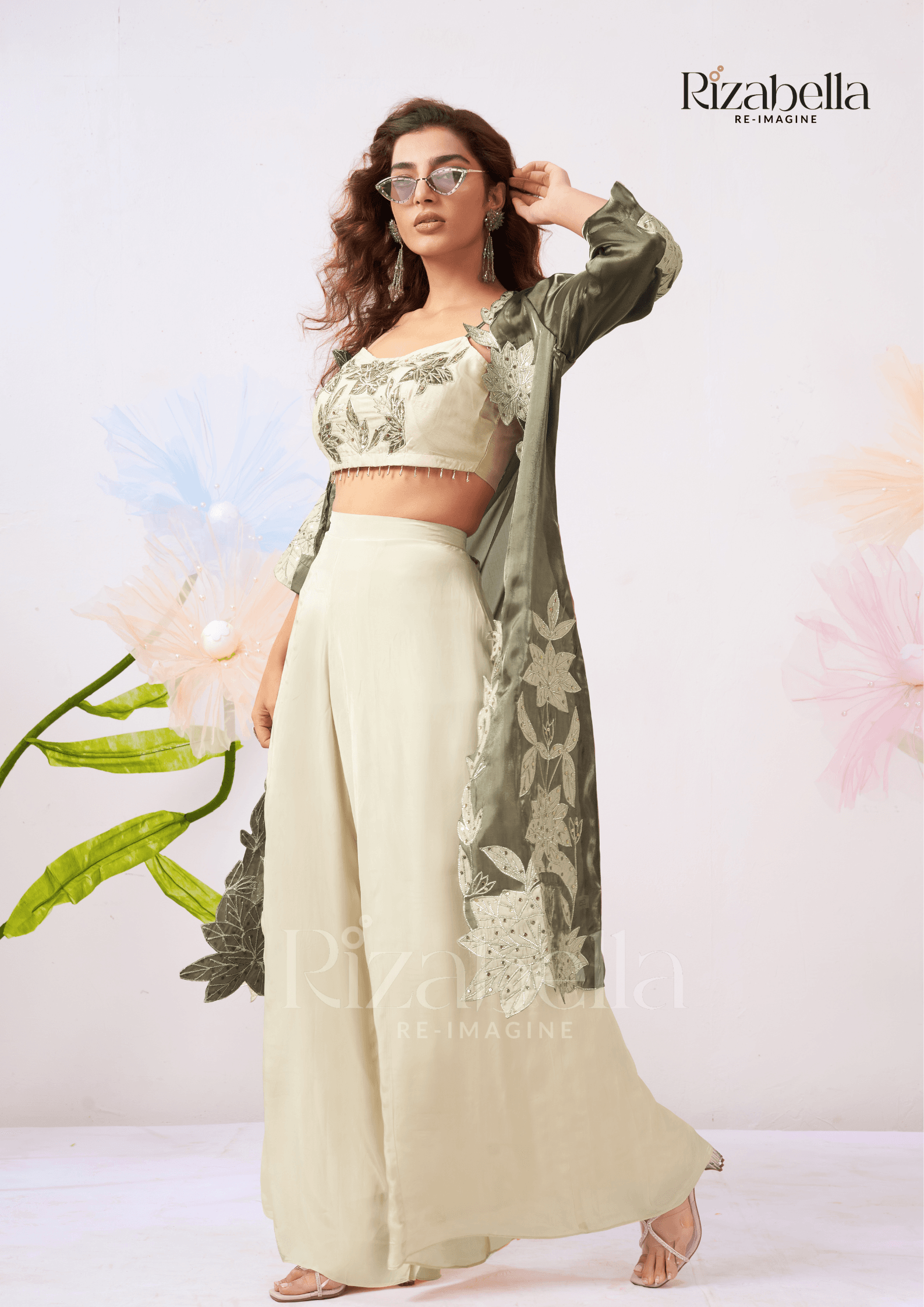 Zehra Leaf-Embroidered Cape Co-ord Set - Image 7