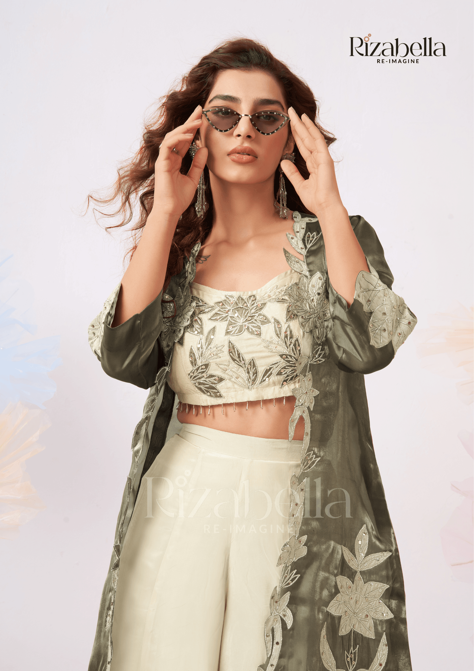 Zehra Leaf-Embroidered Cape Co-ord Set - Image 8
