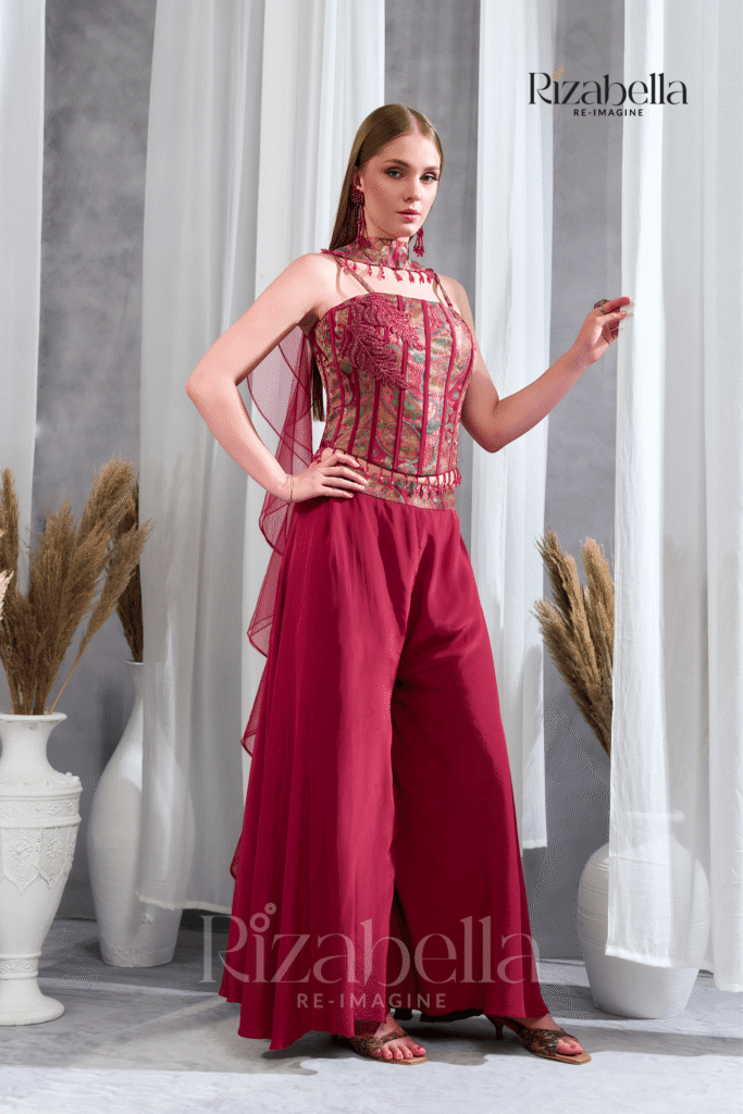 Nova red Embroidered Ethnic crop top set