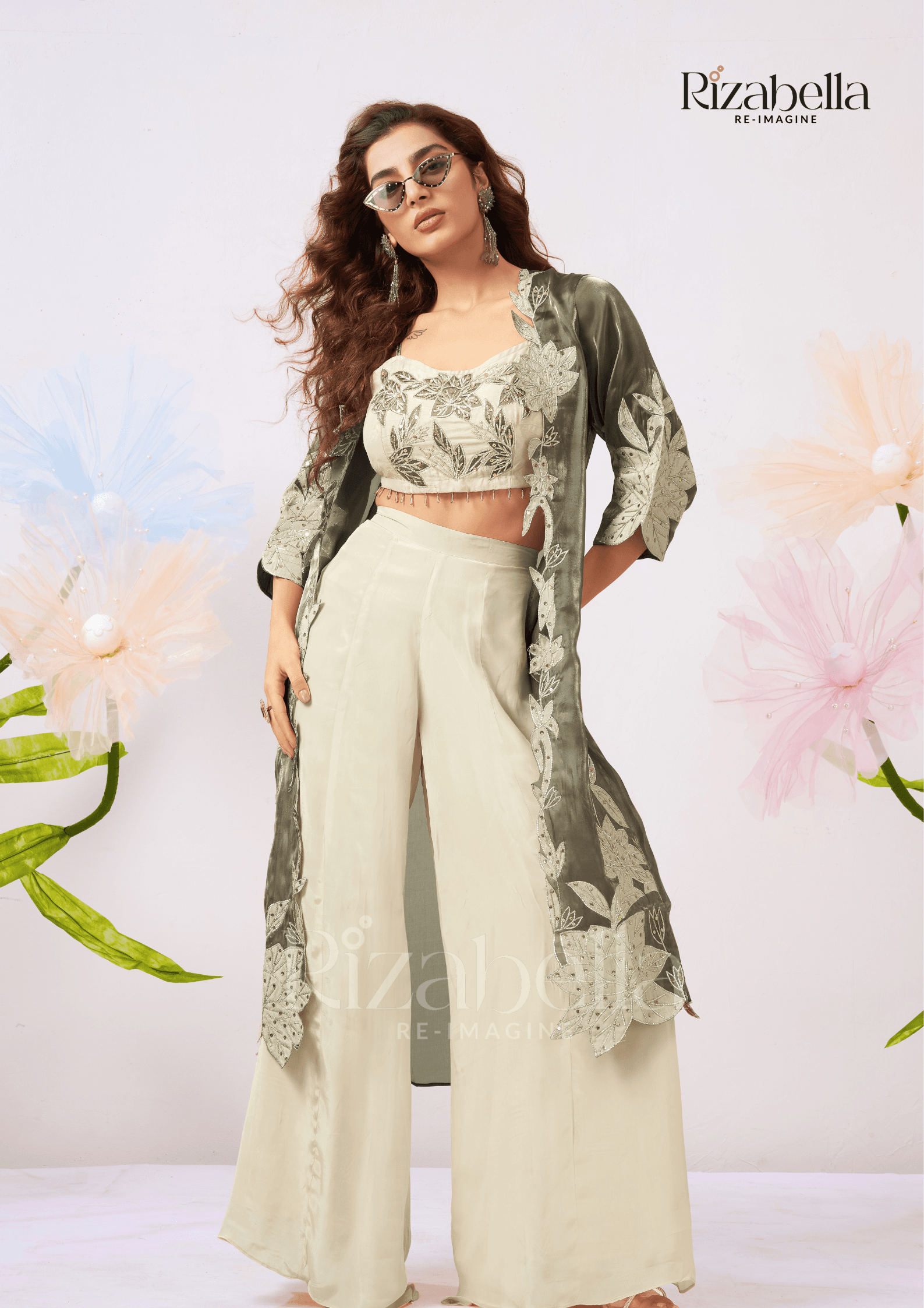 Zehra Leaf-Embroidered Cape Co-ord Set