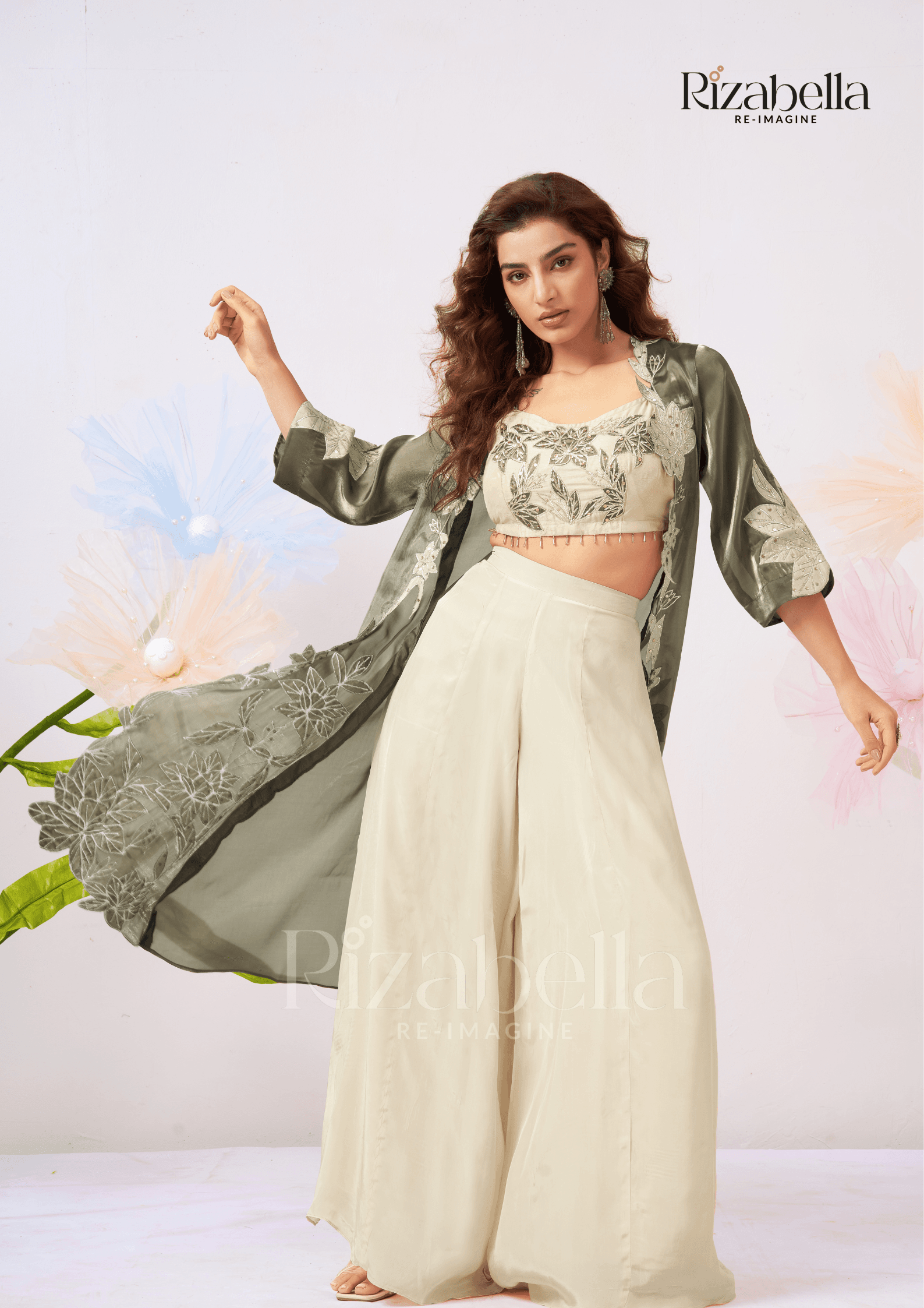 Zehra Leaf-Embroidered Cape Co-ord Set - Image 6