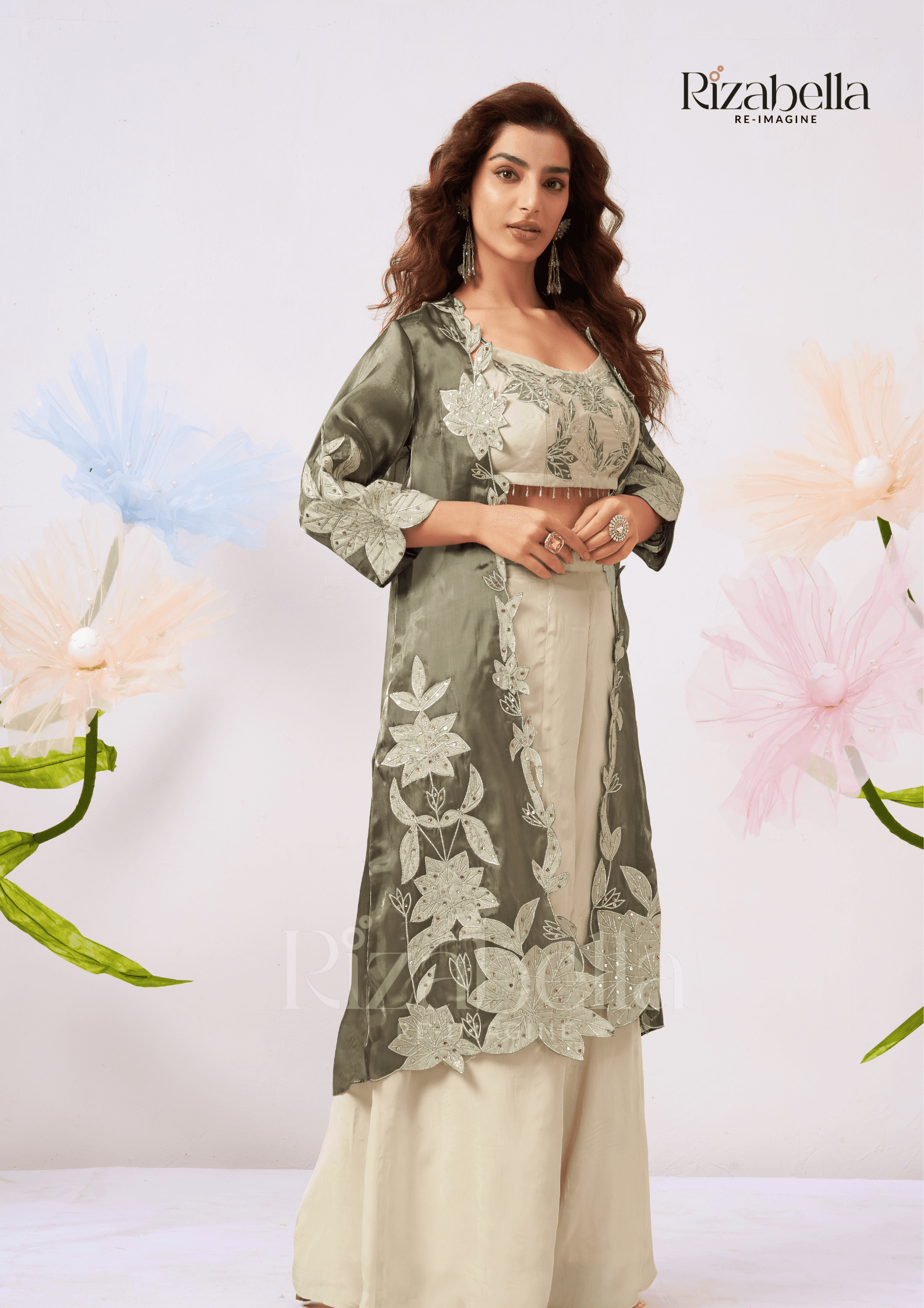 Zehra Leaf-Embroidered Cape Co-ord Set - Image 2