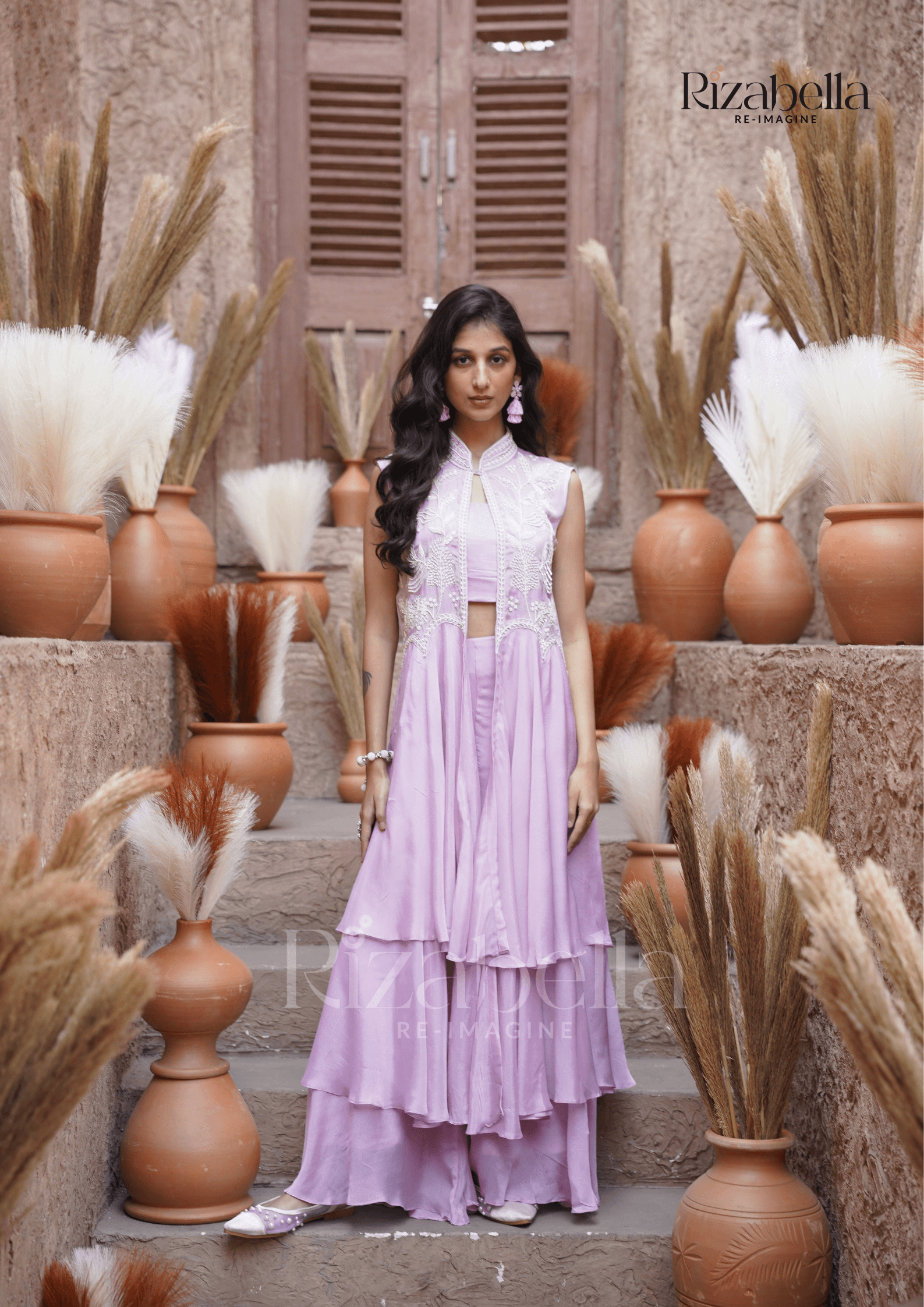Beaded long jacket set - Lilac - Image 4
