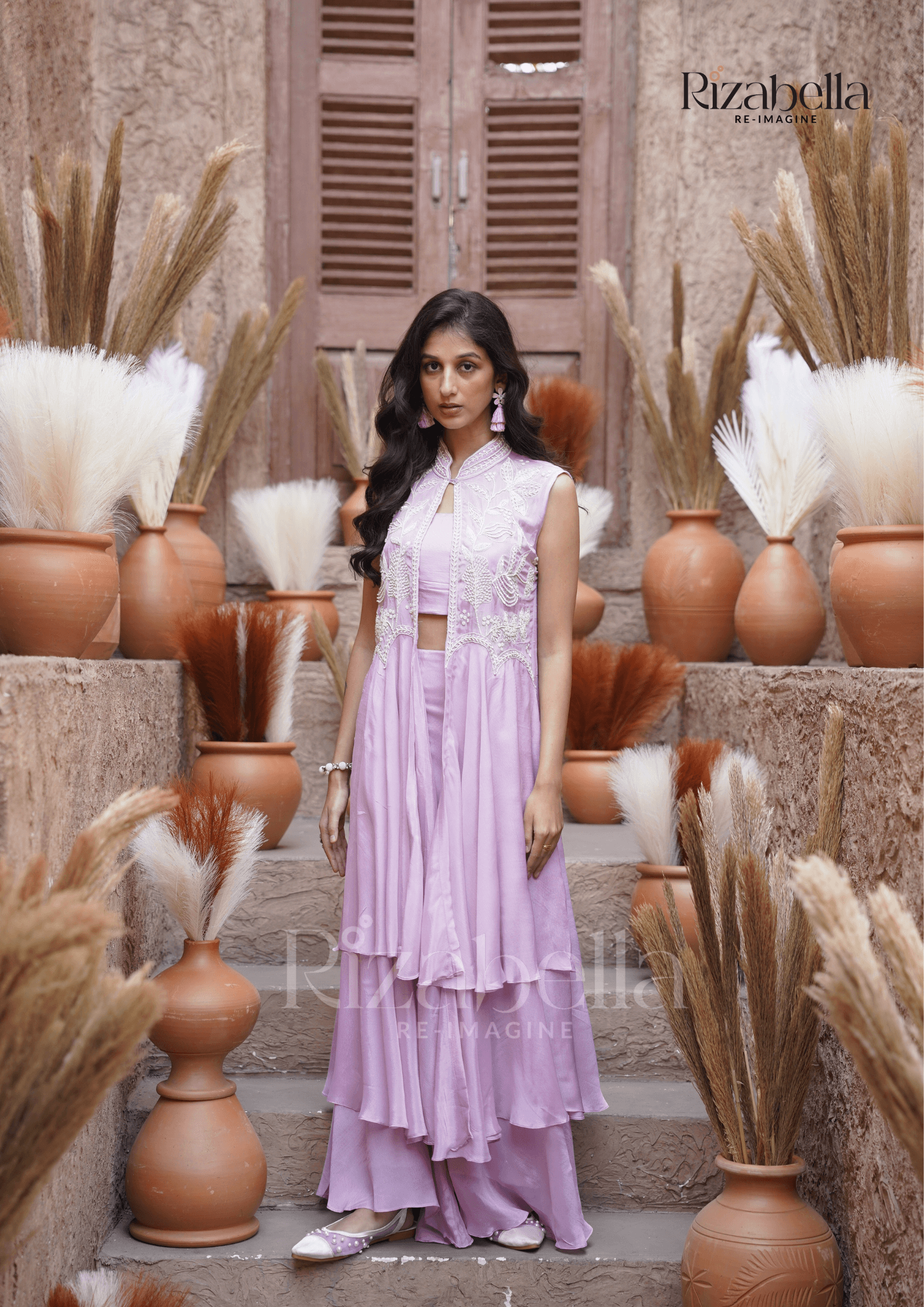 Beaded long jacket set - Lilac - Image 5