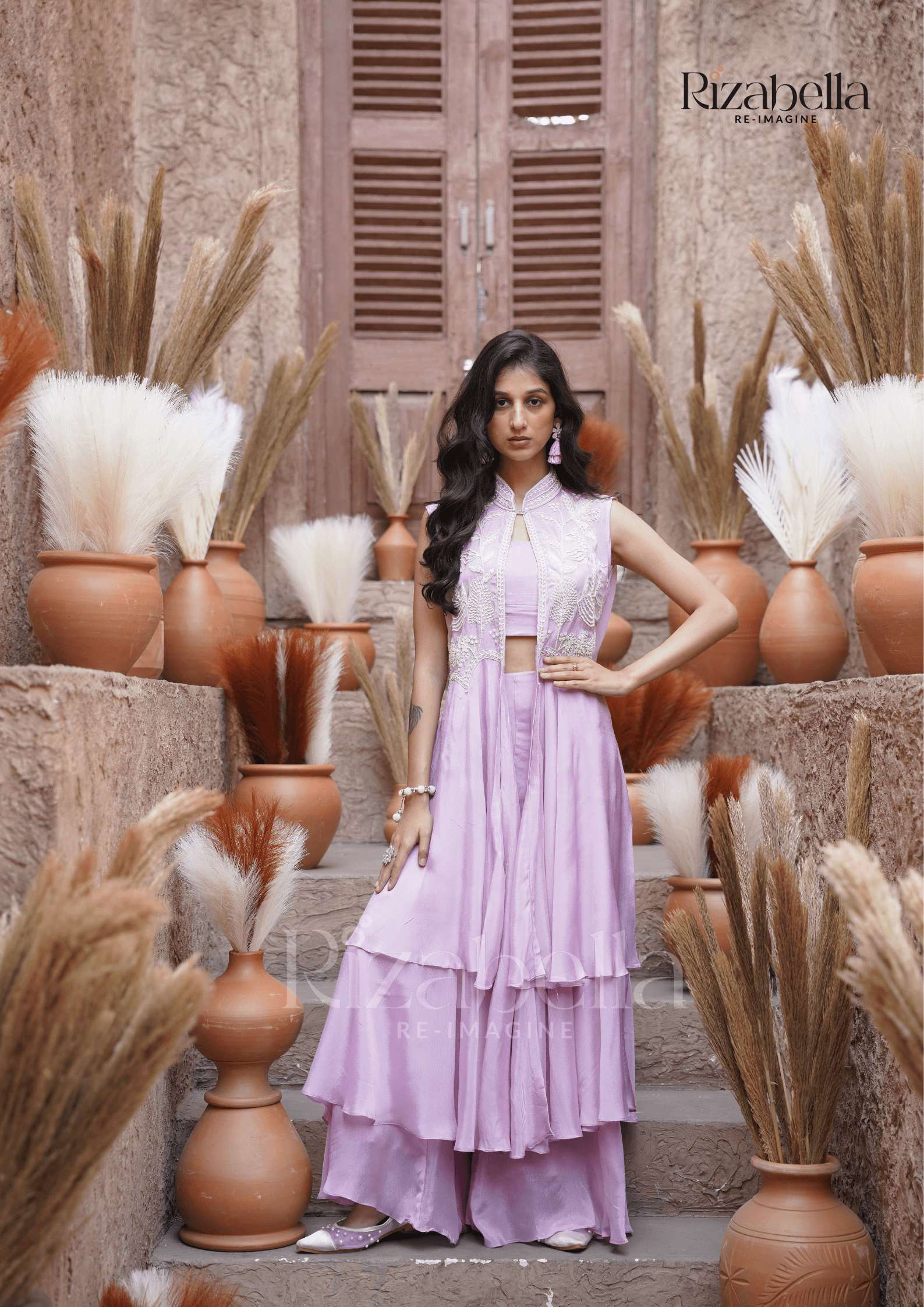 Beaded long jacket set - Lilac - Image 6