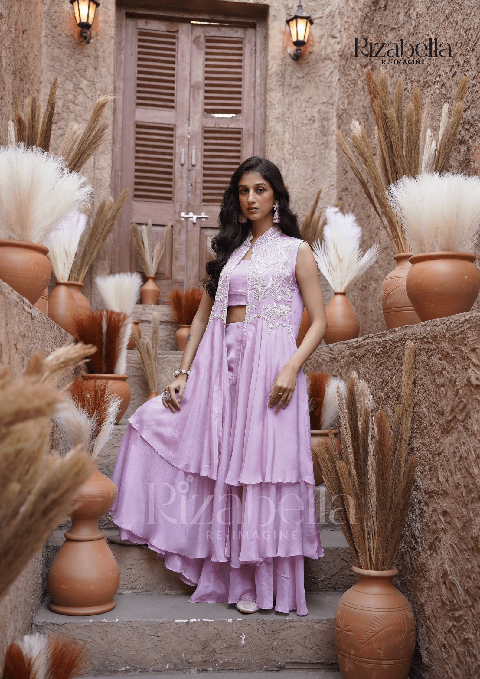 Beaded long jacket set - Lilac