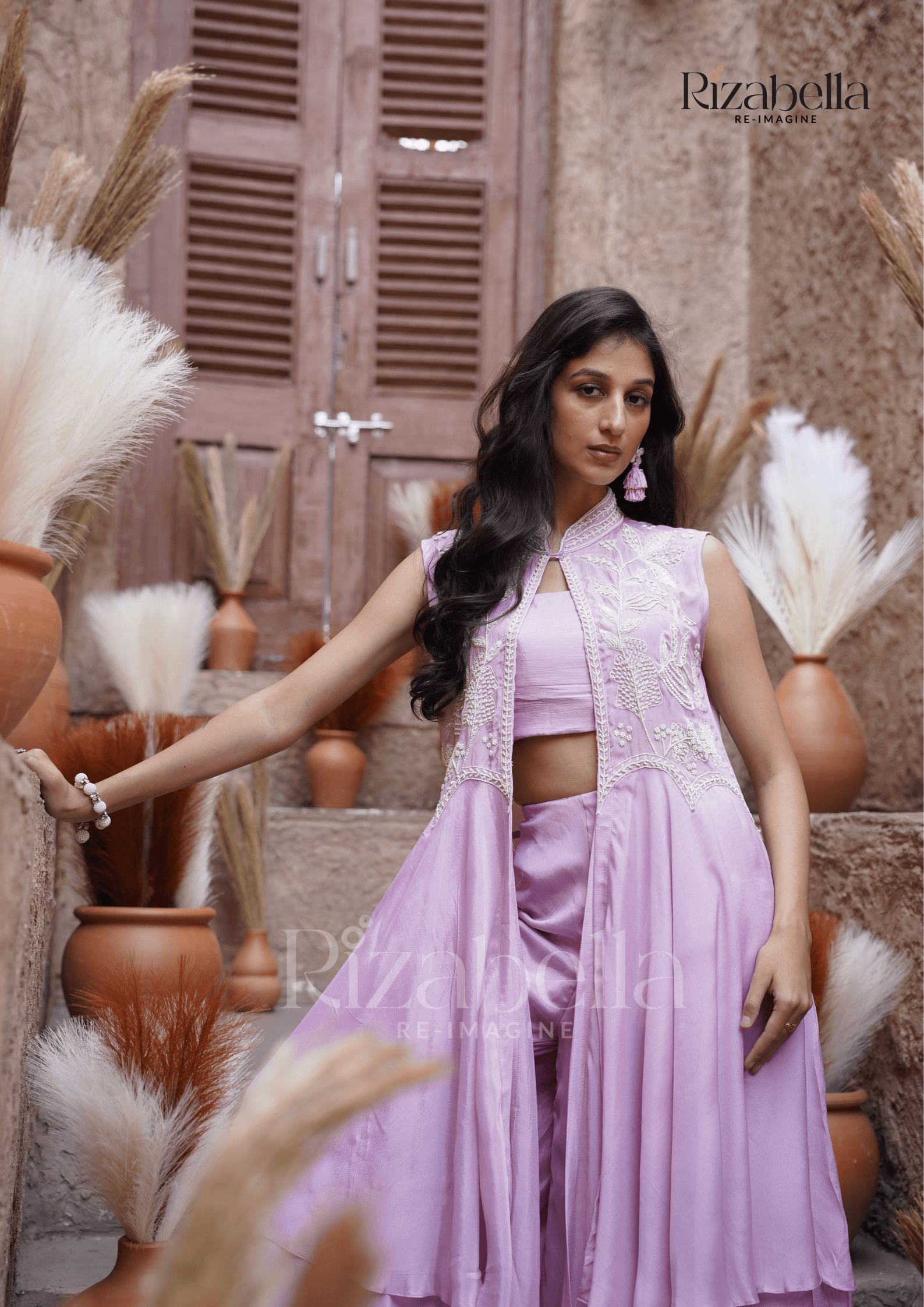 Beaded long jacket set - Lilac - Image 3