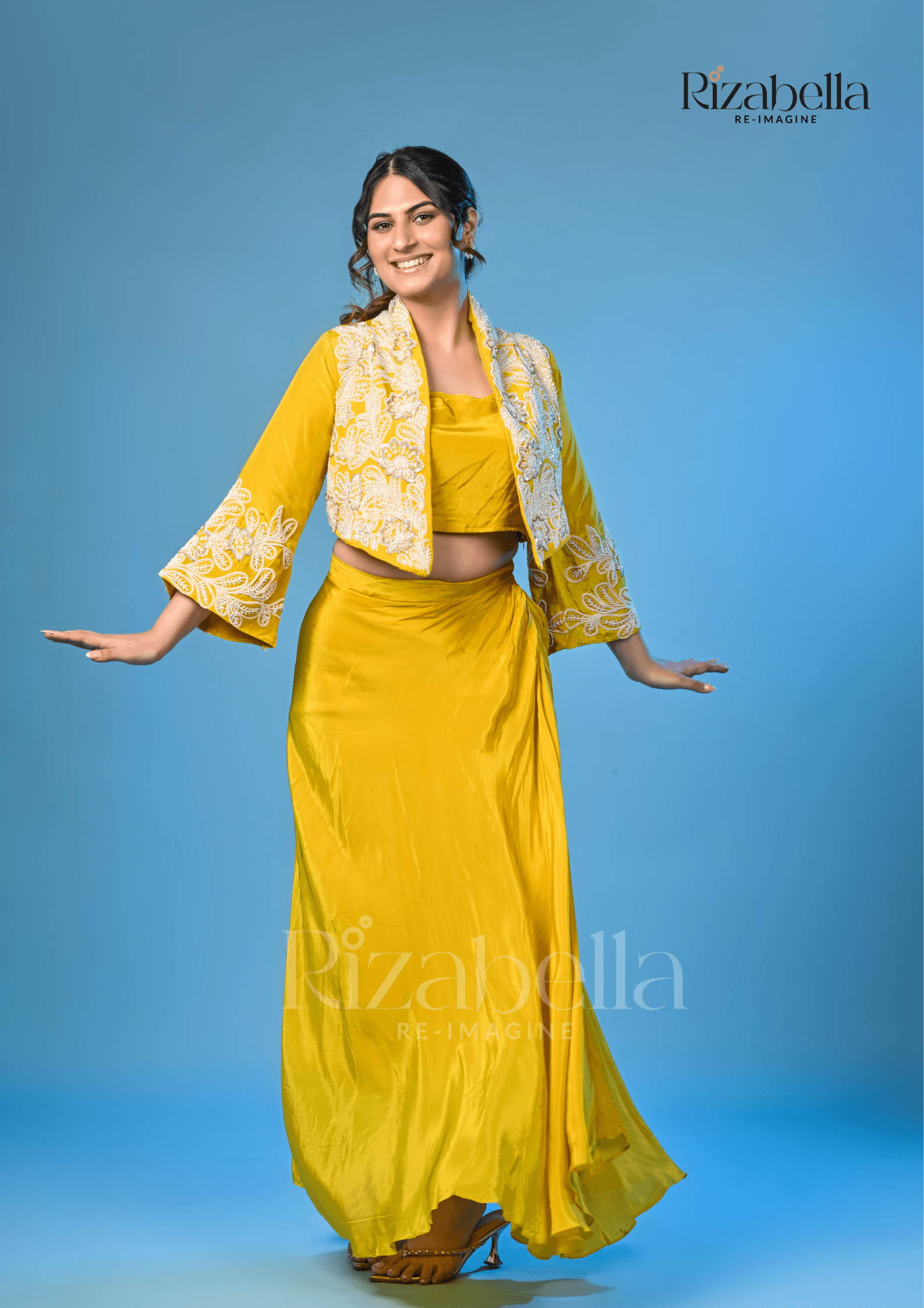 Yellow jacket set with white Moti Handwork - Image 2