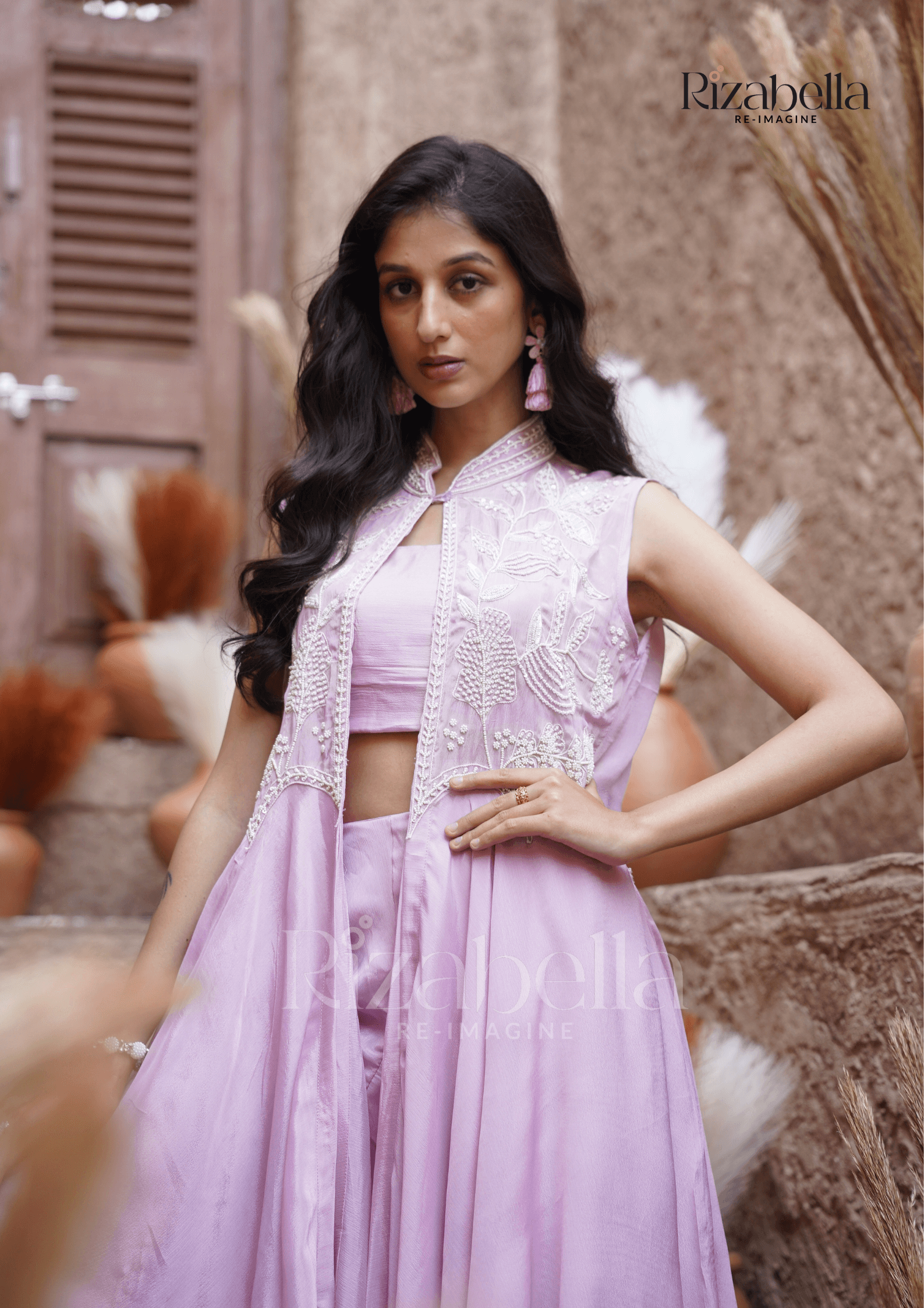 Beaded long jacket set - Lilac - Image 2
