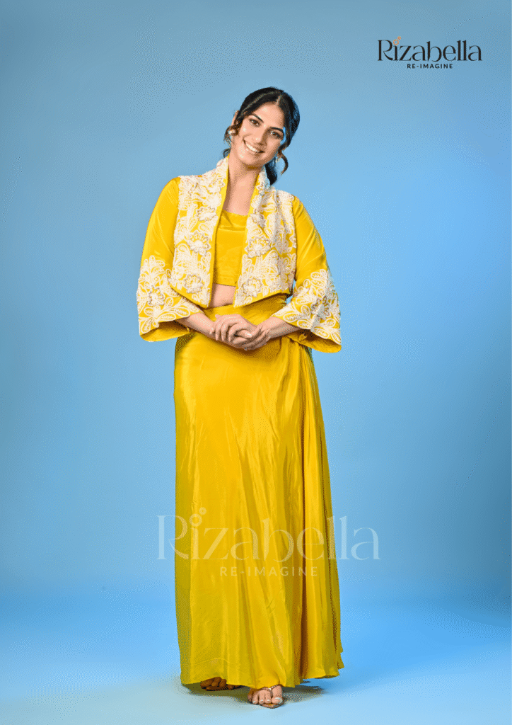 Yellow jacket set with white Moti Handwork