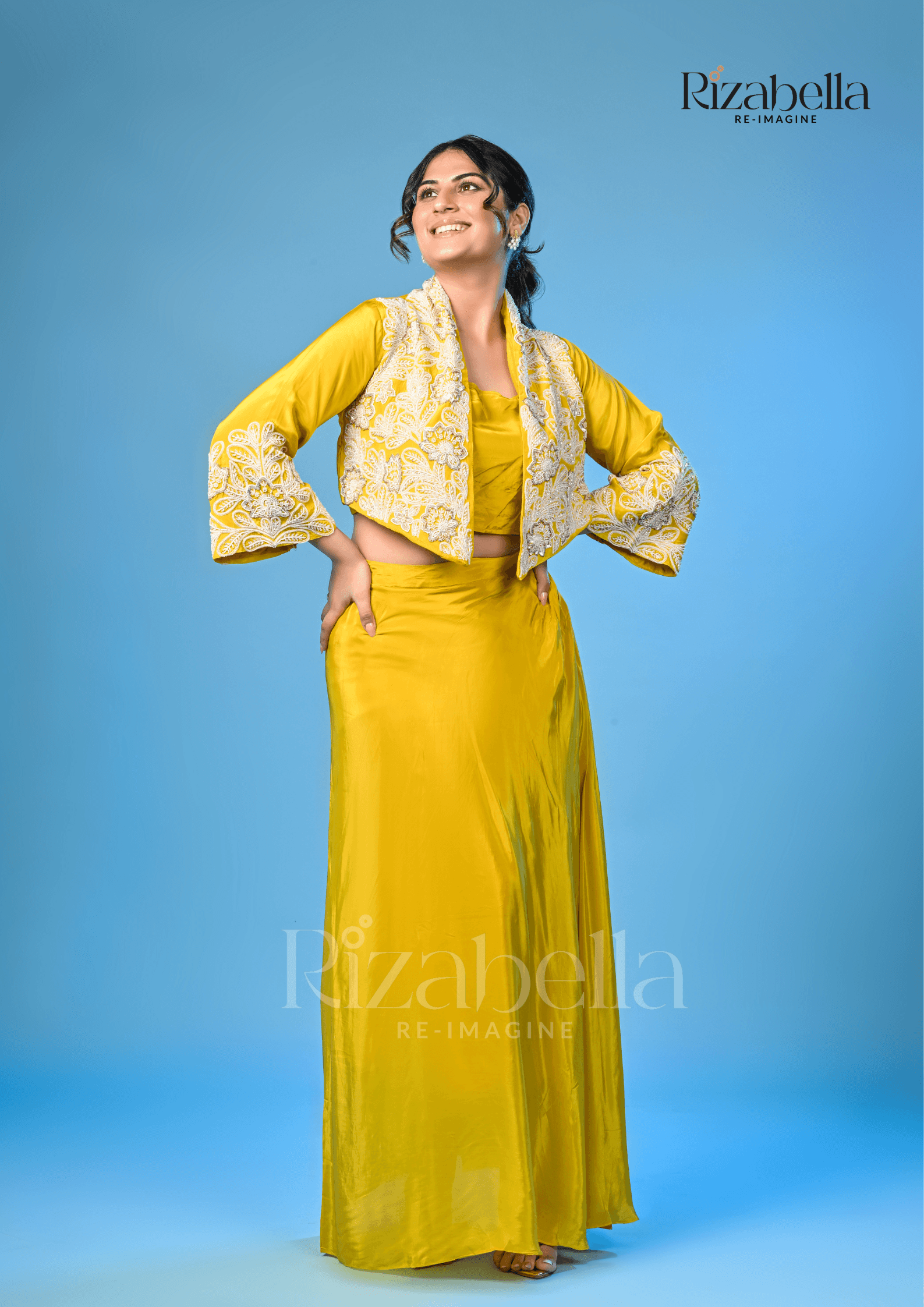 Yellow jacket set with white Moti Handwork - Image 3