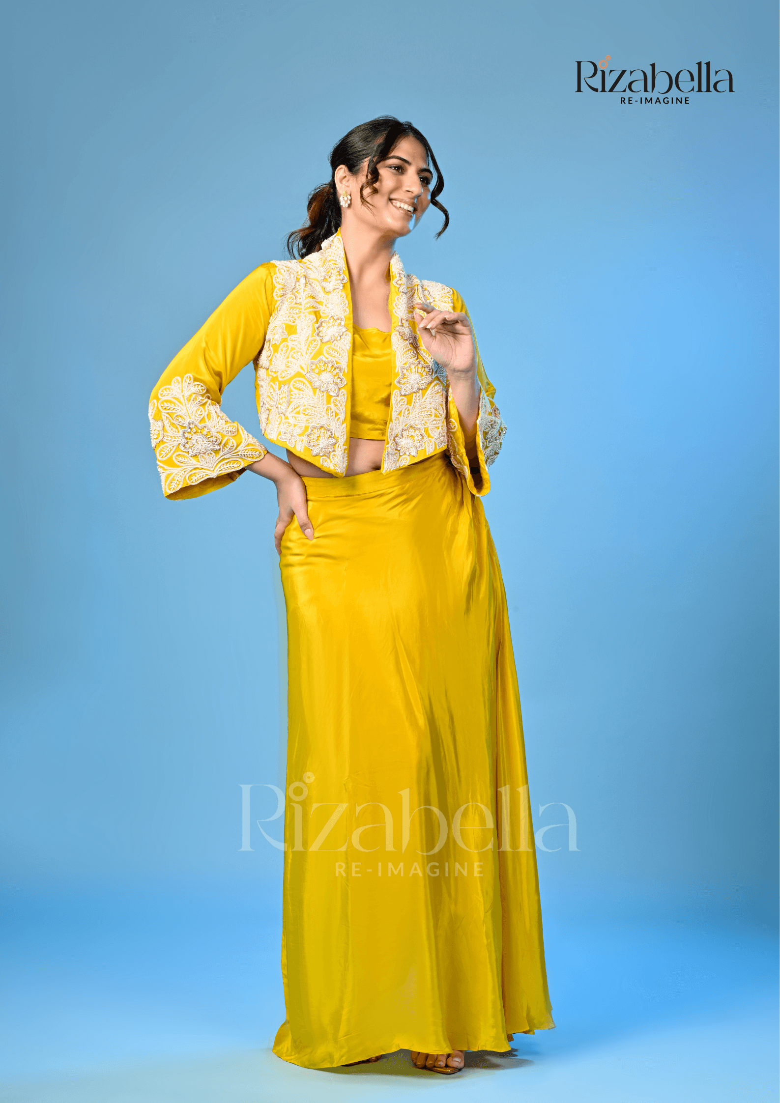 Yellow jacket set with white Moti Handwork - Image 4