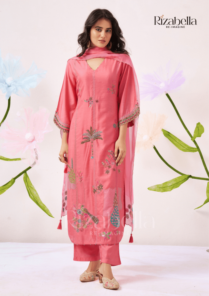 Kurta Set with Peacock & Floral Handwork