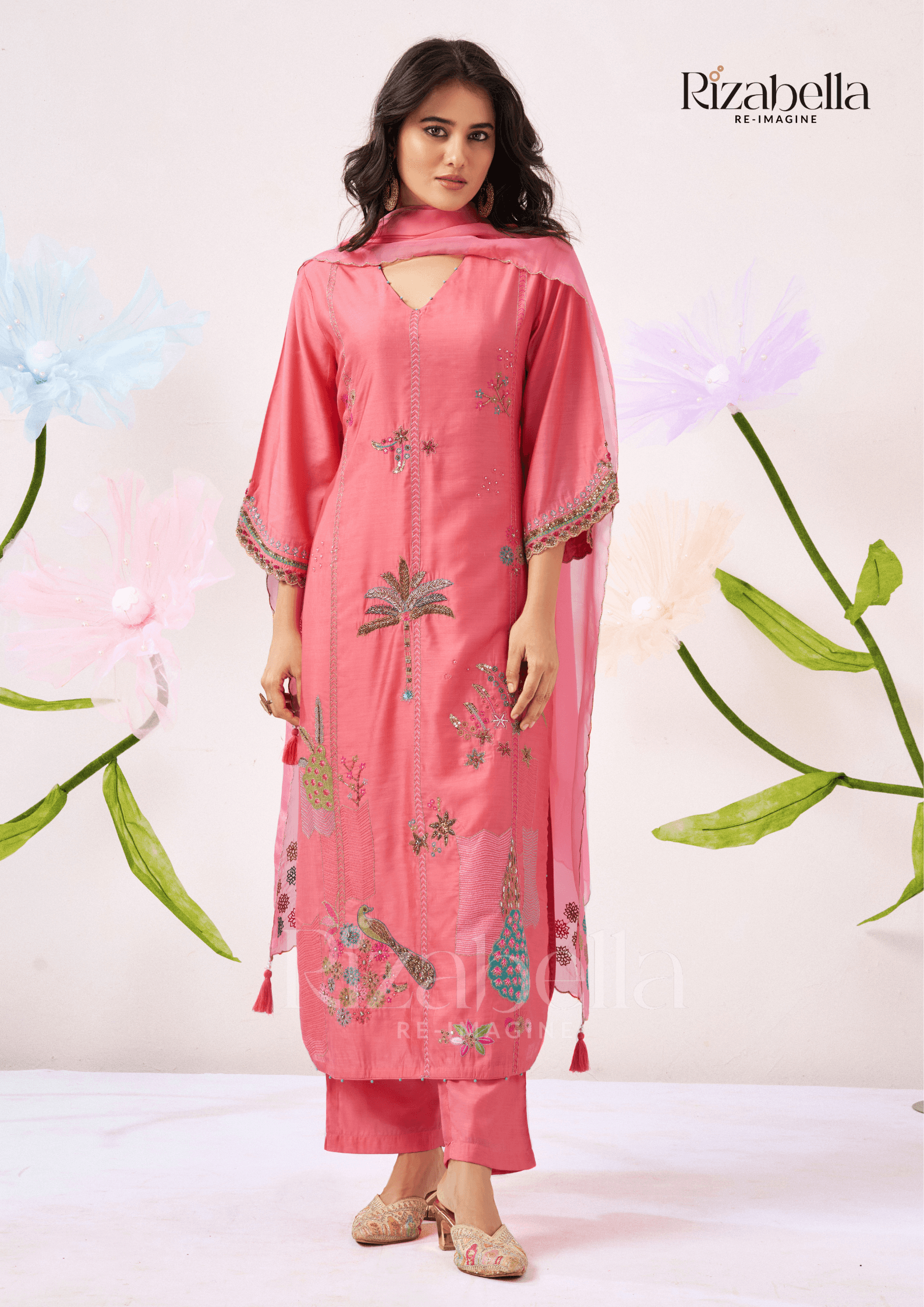 Kurta Set with Peacock & Floral Handwork