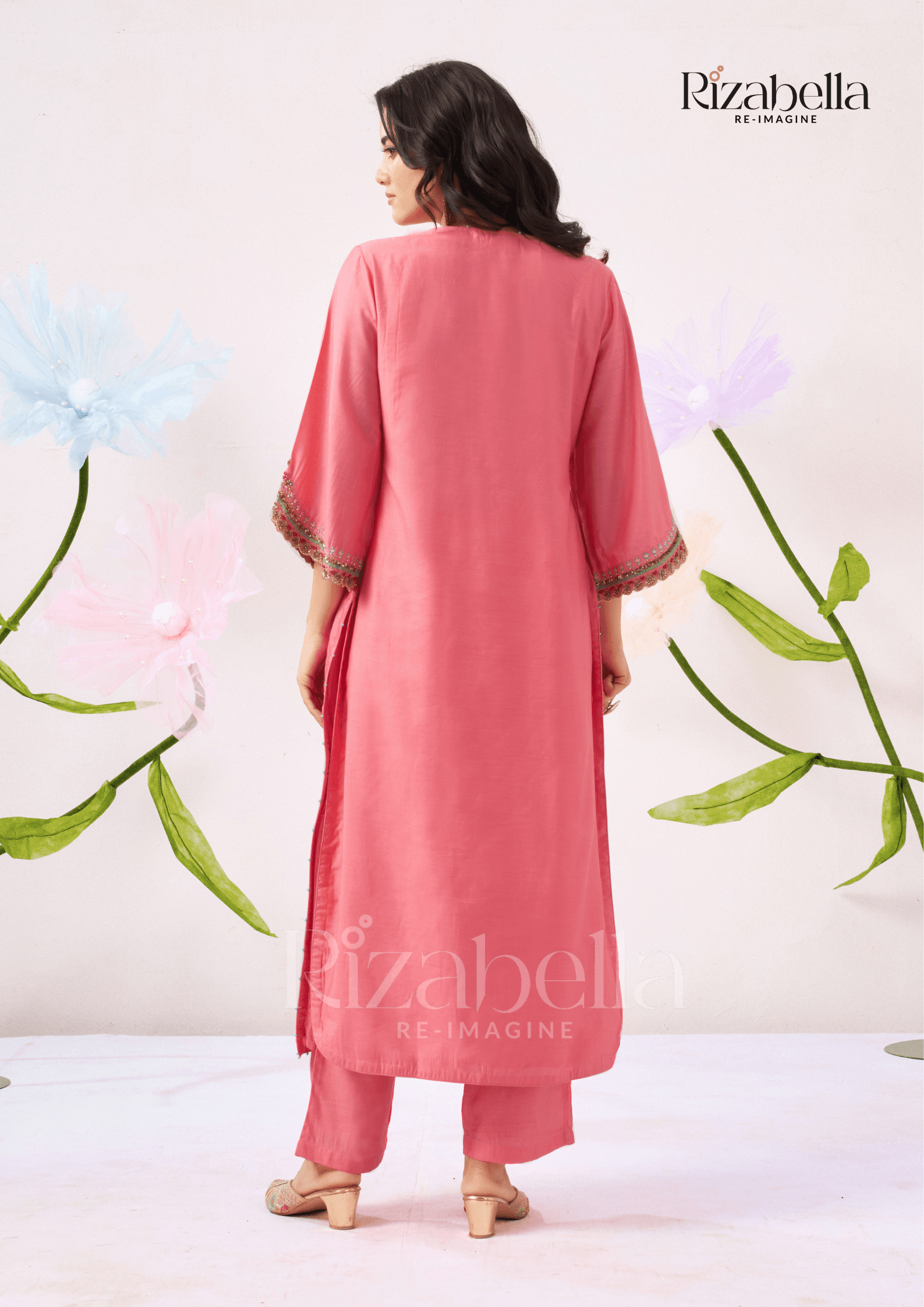 Kurta Set with Peacock & Floral Handwork - Image 7