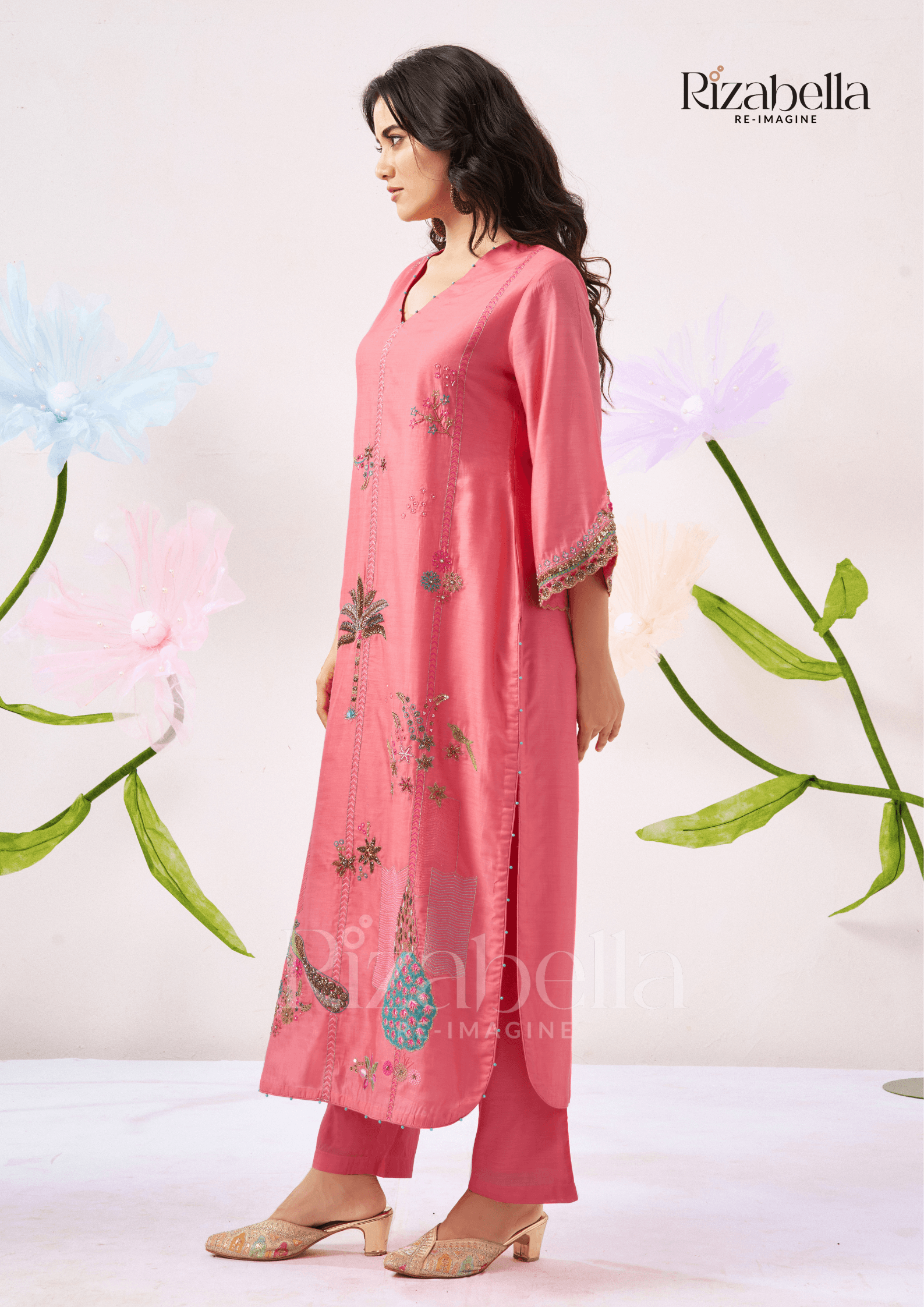 Kurta Set with Peacock & Floral Handwork - Image 3