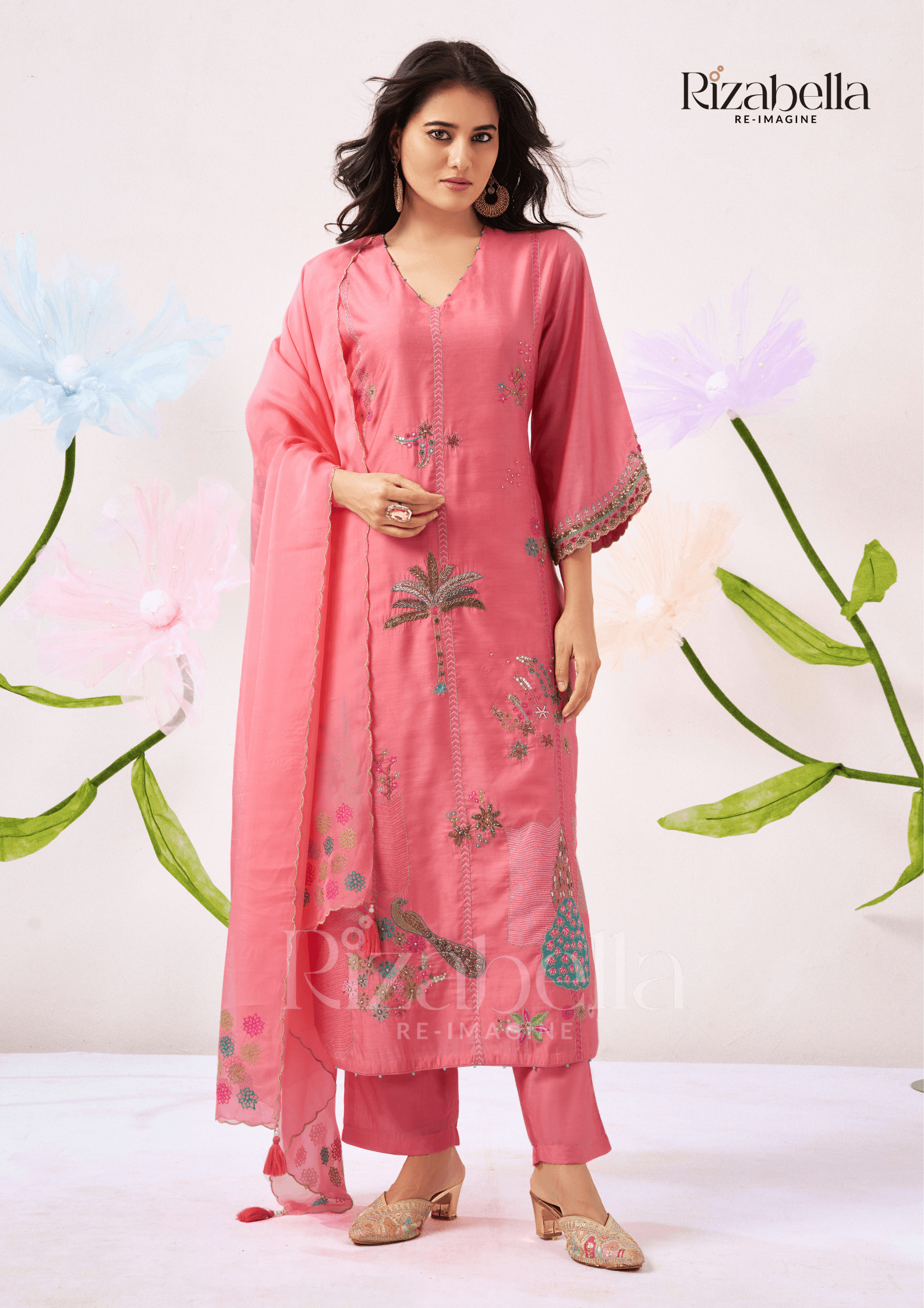 Kurta Set with Peacock & Floral Handwork - Image 5