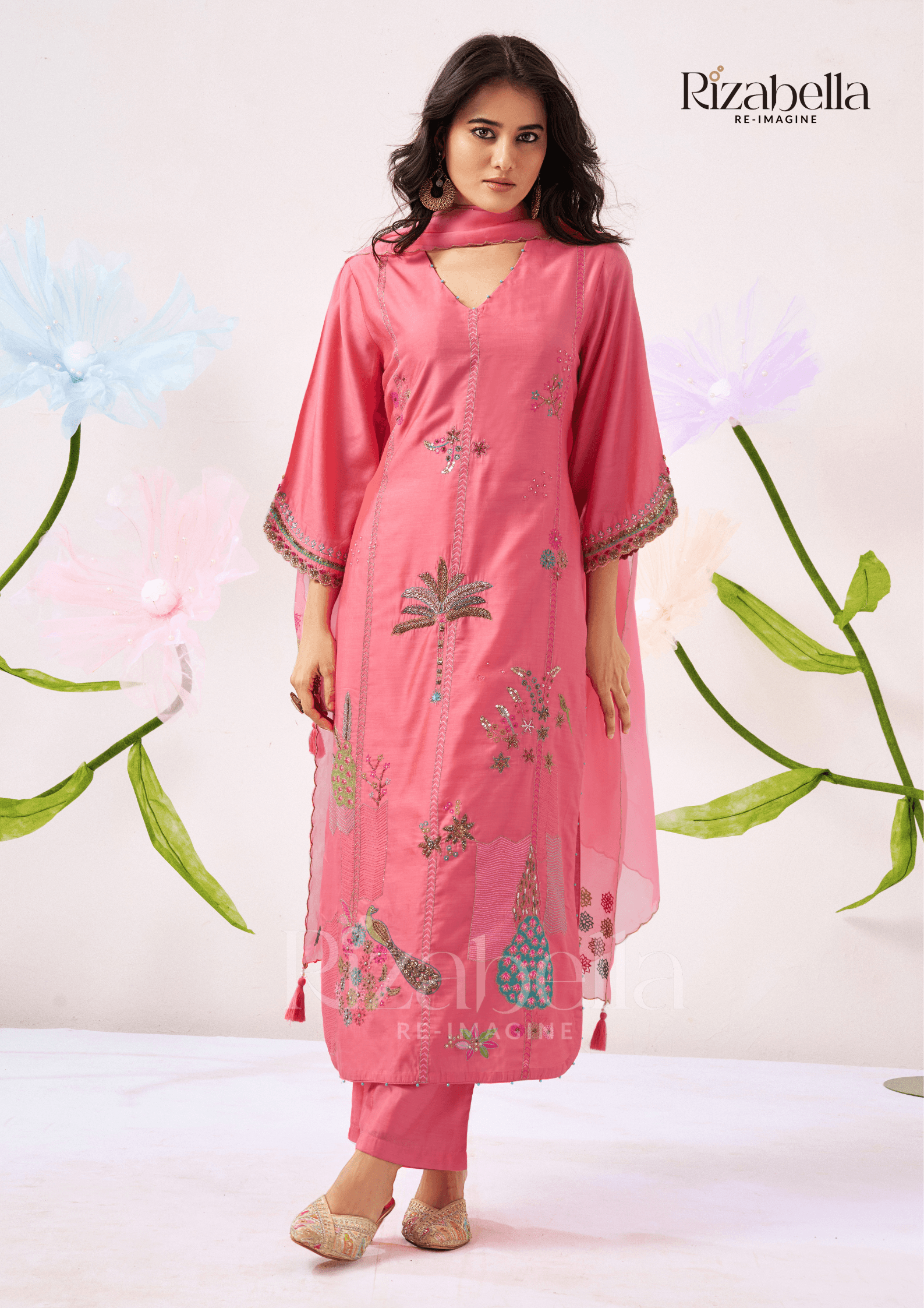 Kurta Set with Peacock & Floral Handwork - Image 6
