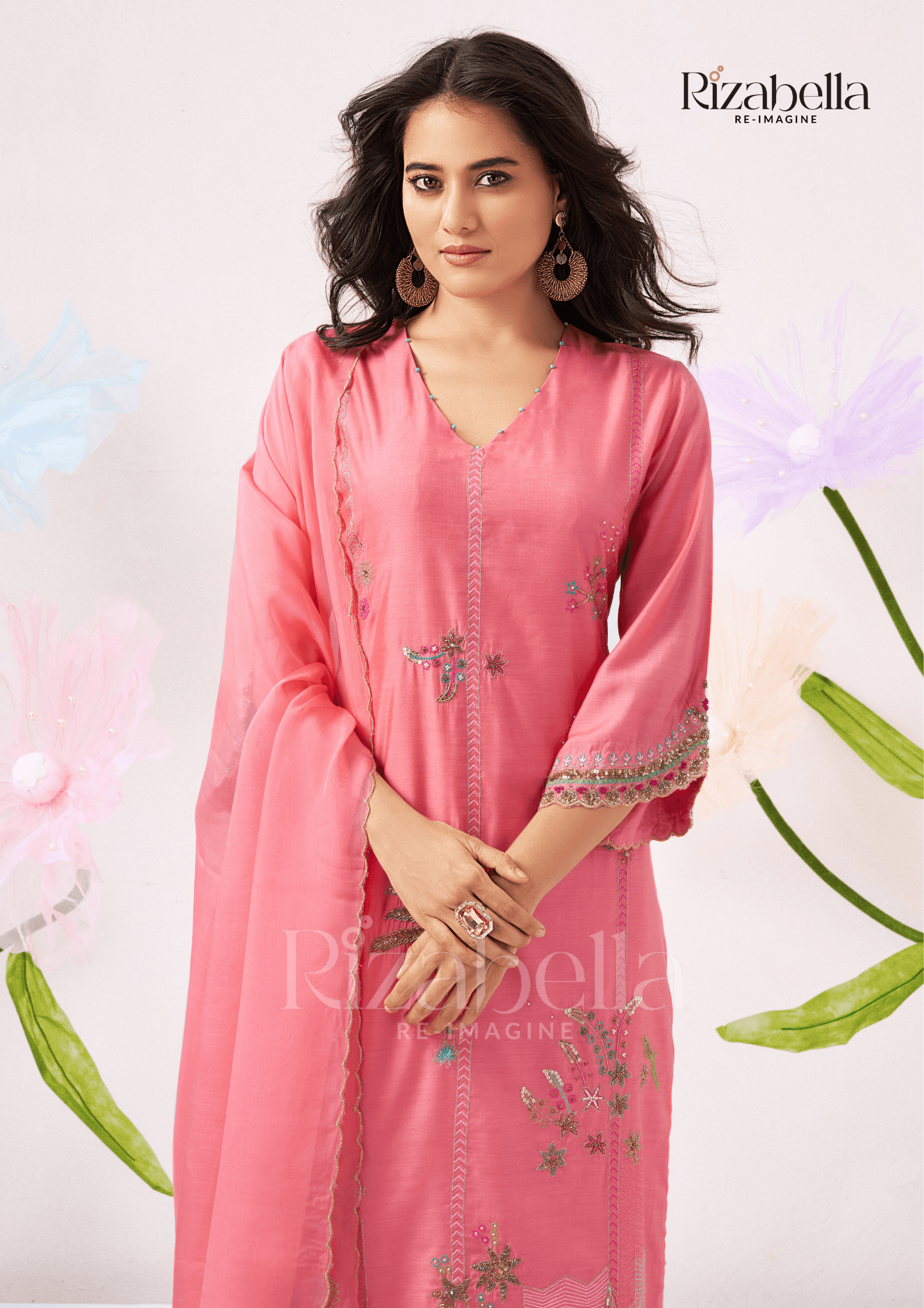 Kurta Set with Peacock & Floral Handwork - Image 2
