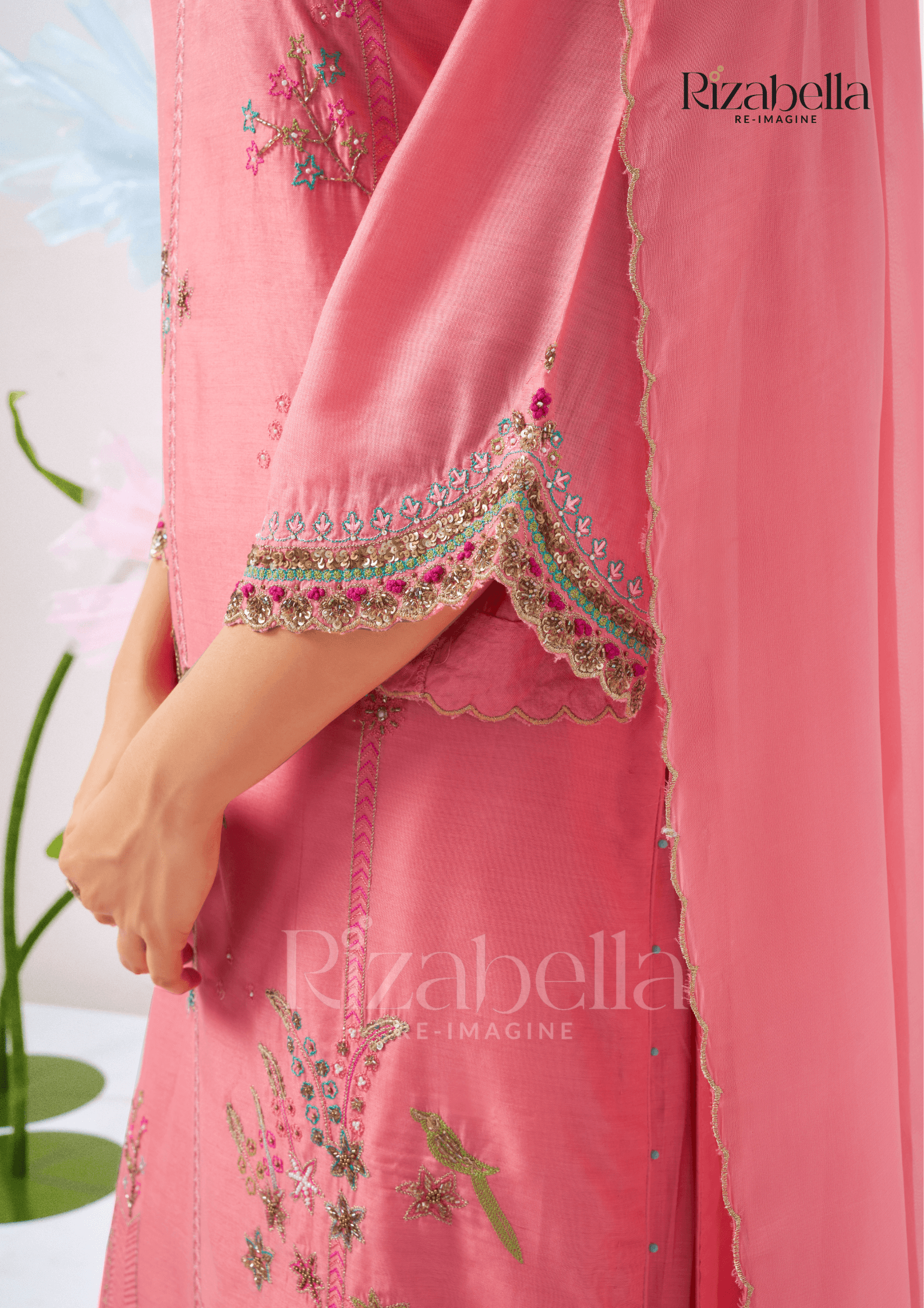 Kurta Set with Peacock & Floral Handwork - Image 4
