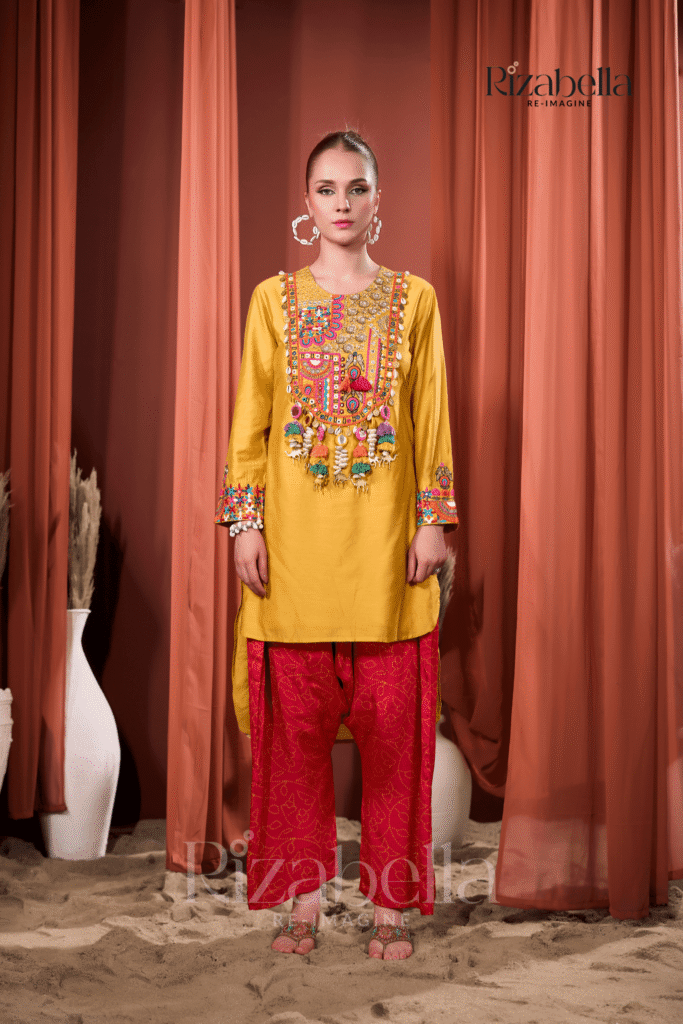 Rangreza Mustard Heavy Embroidered Kurta with Straight Pant