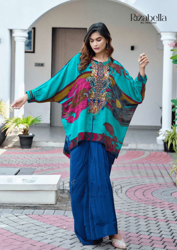 Embroidered Tunic with Draped Pants - Blue