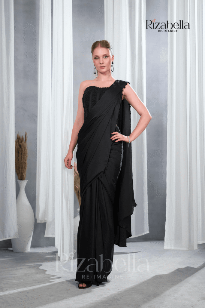 Shaam Black Ready-to-Wear Draped Saree with Embellished Blouse