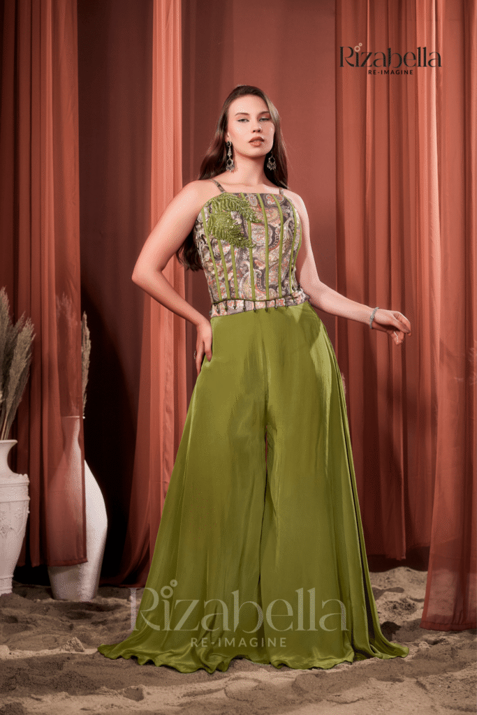 Nova green Embroidered Ethnic crop top set